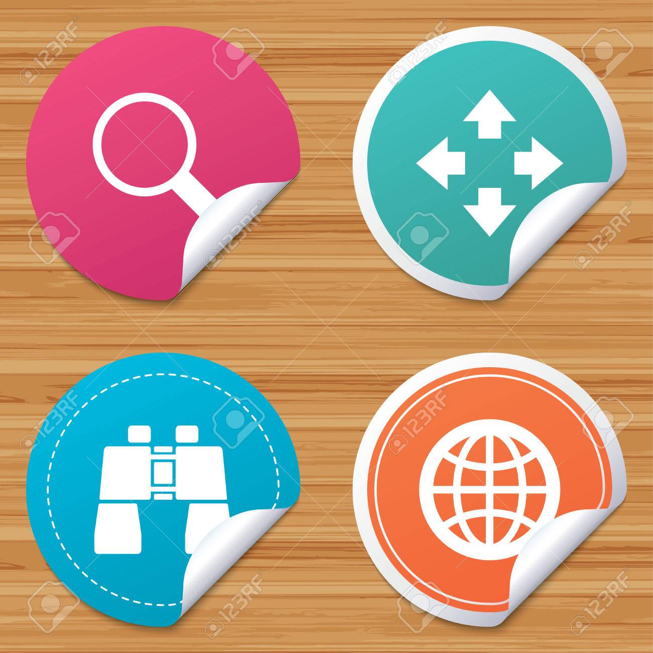 丸型ステッカーまたは Web サイトのバナー 拡大鏡のガラスとグローブのアイコンを検索します フルスクリーンの矢印と両 眼検索符号します 曲げられたコーナーが付いているバッジをサークルします ベクトルのイラスト素材 ベクタ Image