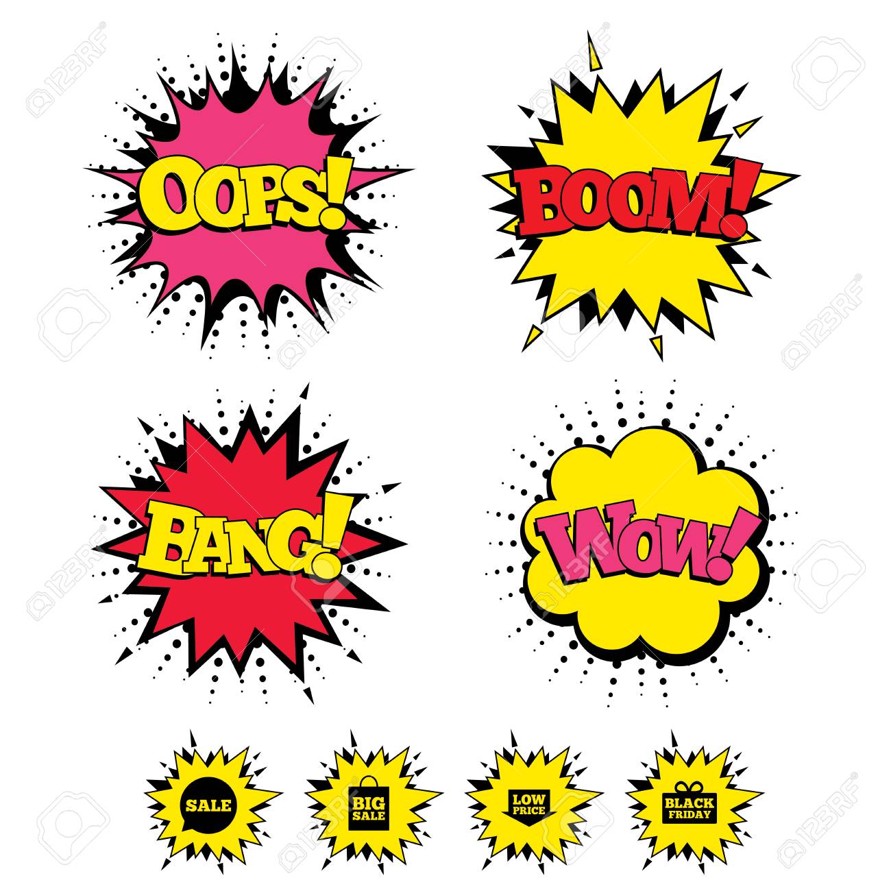 Comic Boom Wow Oops Soundeffekte Verkauf Sprechblase Symbol Schwarzes Freitag Geschenkboxsymbol Grosser Verkauf Einkaufstasche Pfeilzeichen Des Niedrigen Preises Sprechblasen In Pop Art Vektor Lizenzfrei Nutzbare Vektorgrafiken Clip Arts