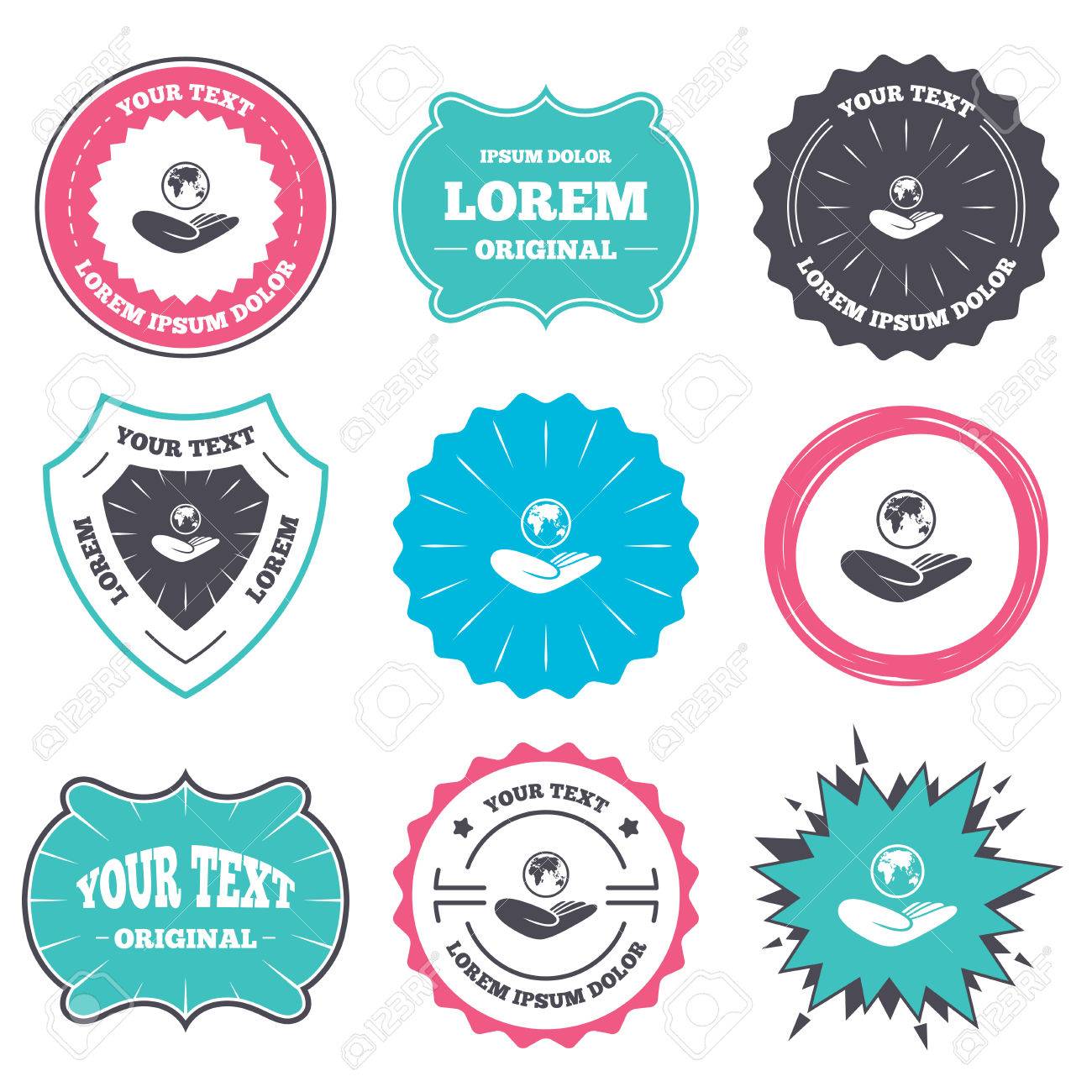 label and badge templates world insurance sign hand holds planet