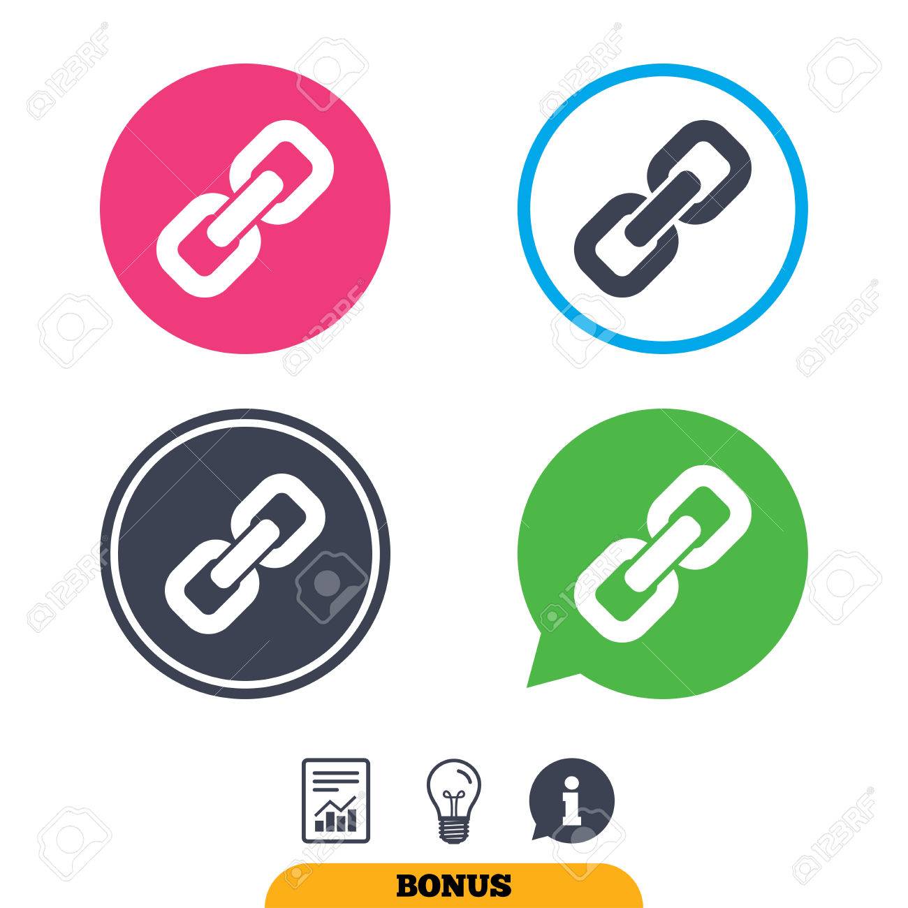リンク記号アイコン ハイパーリンクのチェーンのシンボル レポート ドキュメント 情報記号および電球アイコン ベクトルのイラスト素材 ベクタ Image
