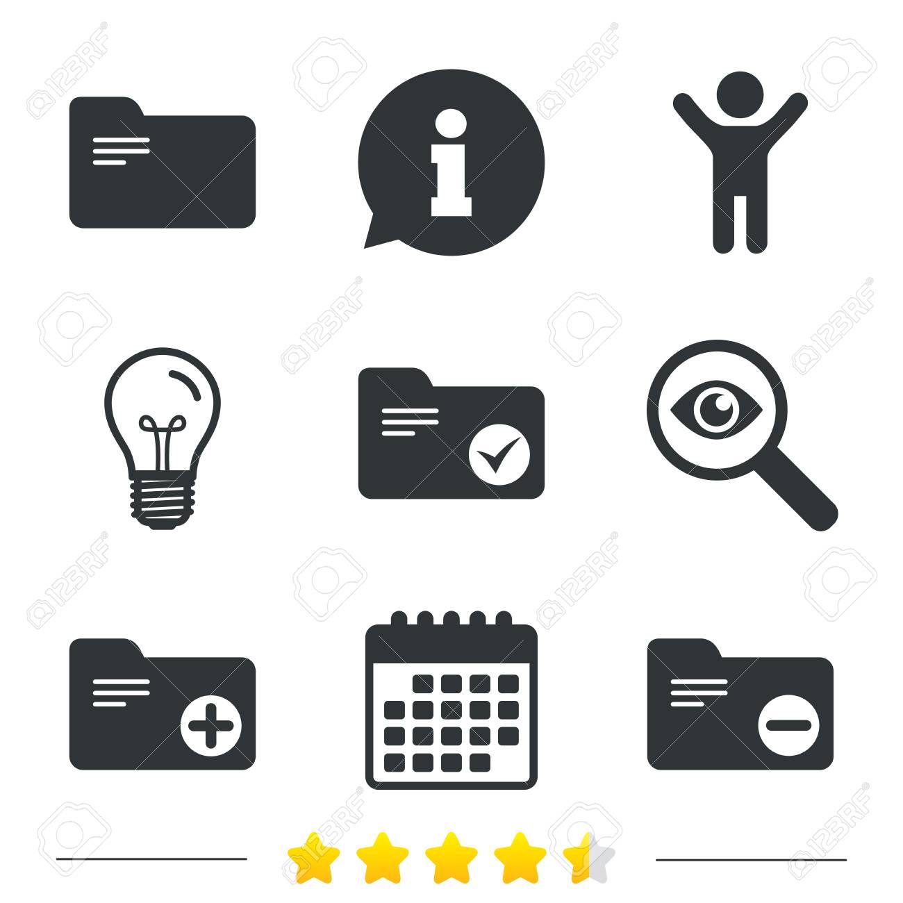 会計バインダー アイコン 追加またはドキュメント フォルダー シンボルを削除します 簿記管理チェック ボックス 情報 電球 カレンダー アイコン 拡大鏡を調査します ベクトル のイラスト素材 ベクタ Image