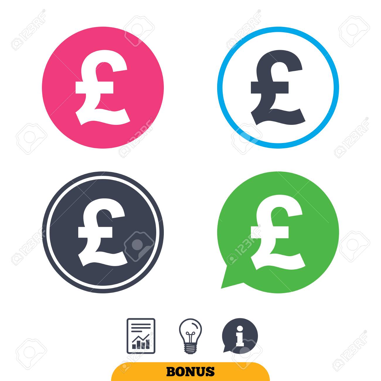 Pound Sign Icon. GBP Currency Symbol. Money Label. Report Document,  Information Sign And Light Bulb Icons. Vector 免版稅剪貼畫，向量插圖和庫存圖片. Image  70094952