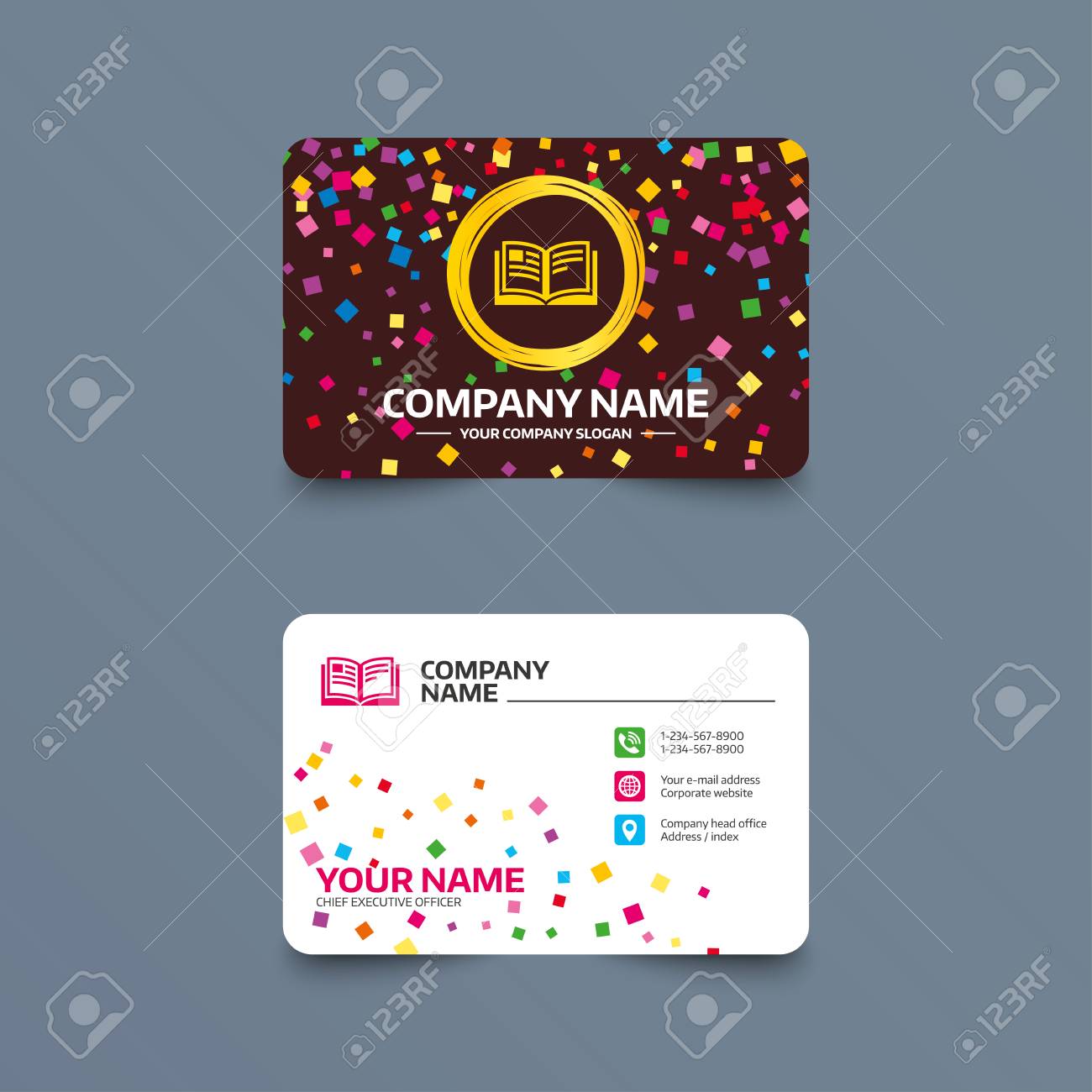 Business Card Template With Confetti Pieces. Book Sign Icon. Open Intended For Business Card Template Open Office