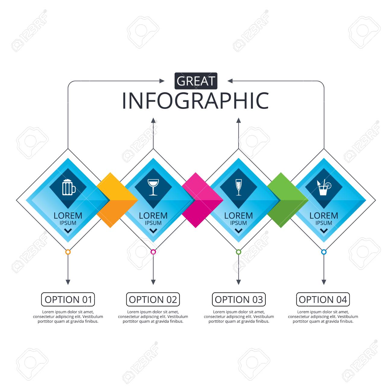 Modello Di Diagramma Di Flusso Infografica Diagramma Di Affari Con Opzioni Icone Di Bevande Alcoliche Champagne Spumante Con Bolle E Simboli Della