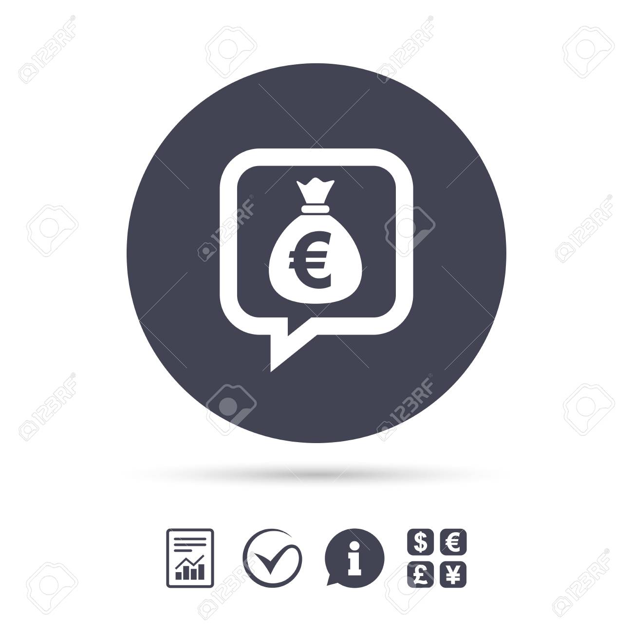 Icono De Signo De Bolsa De Dinero Simbolo De Burbuja De Euro Del Simbolo De Moneda De Euro Informe El Documento La Informacion Y Los Iconos De Marca De Verificacion Cambio De