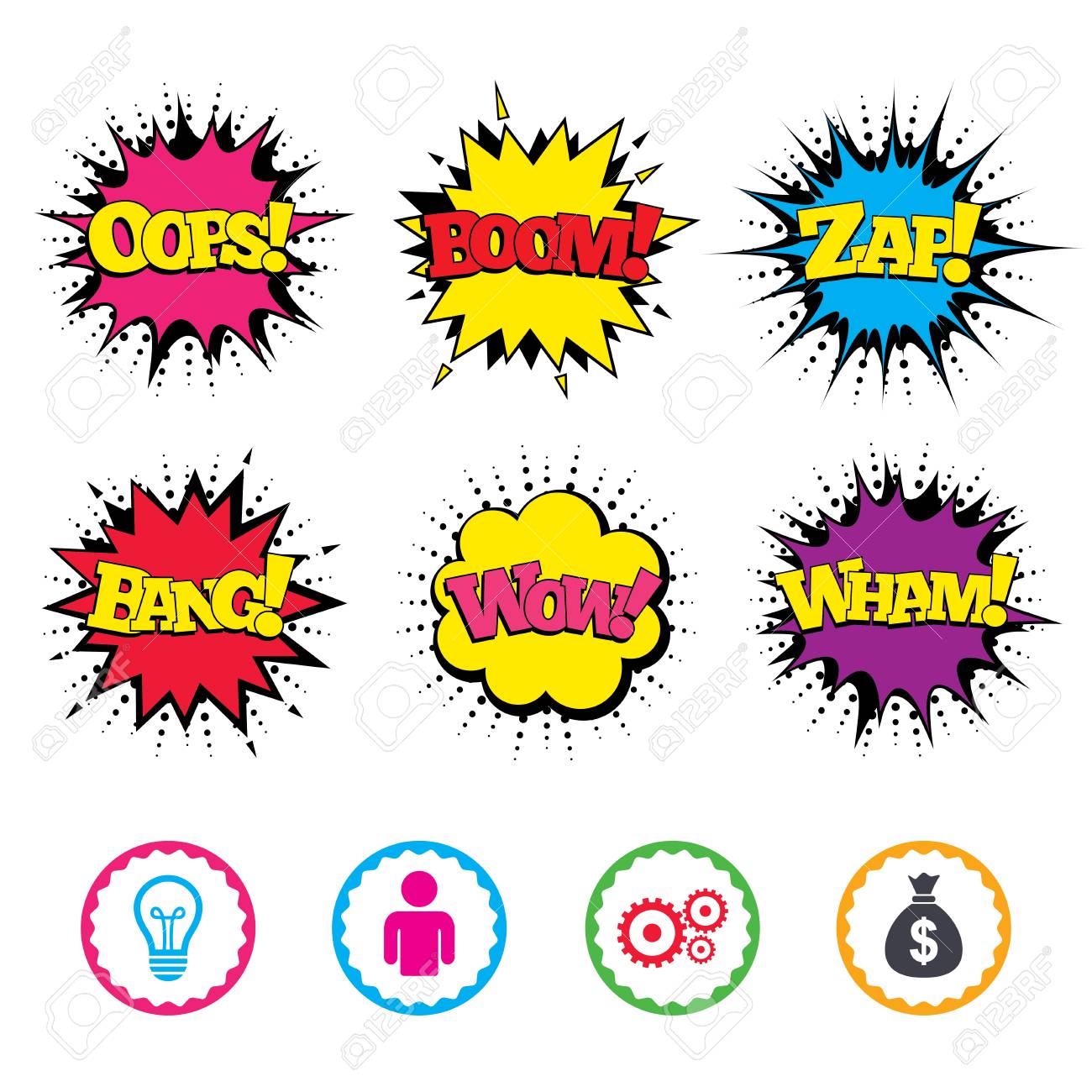 Comic Wow, Oops, Boom Und Wham Soundeffekte. Geschäfts-Ikonen. Menschliche  Silhouette Und Lampe Glühbirne Idee Zeichen. Dollar Geld Tasche Und Zahnrad  Symbole. Zap-Sprechblasen In Der Pop-Art. Lizenzfrei Nutzbare  Vektorgrafiken, Clip Arts ...