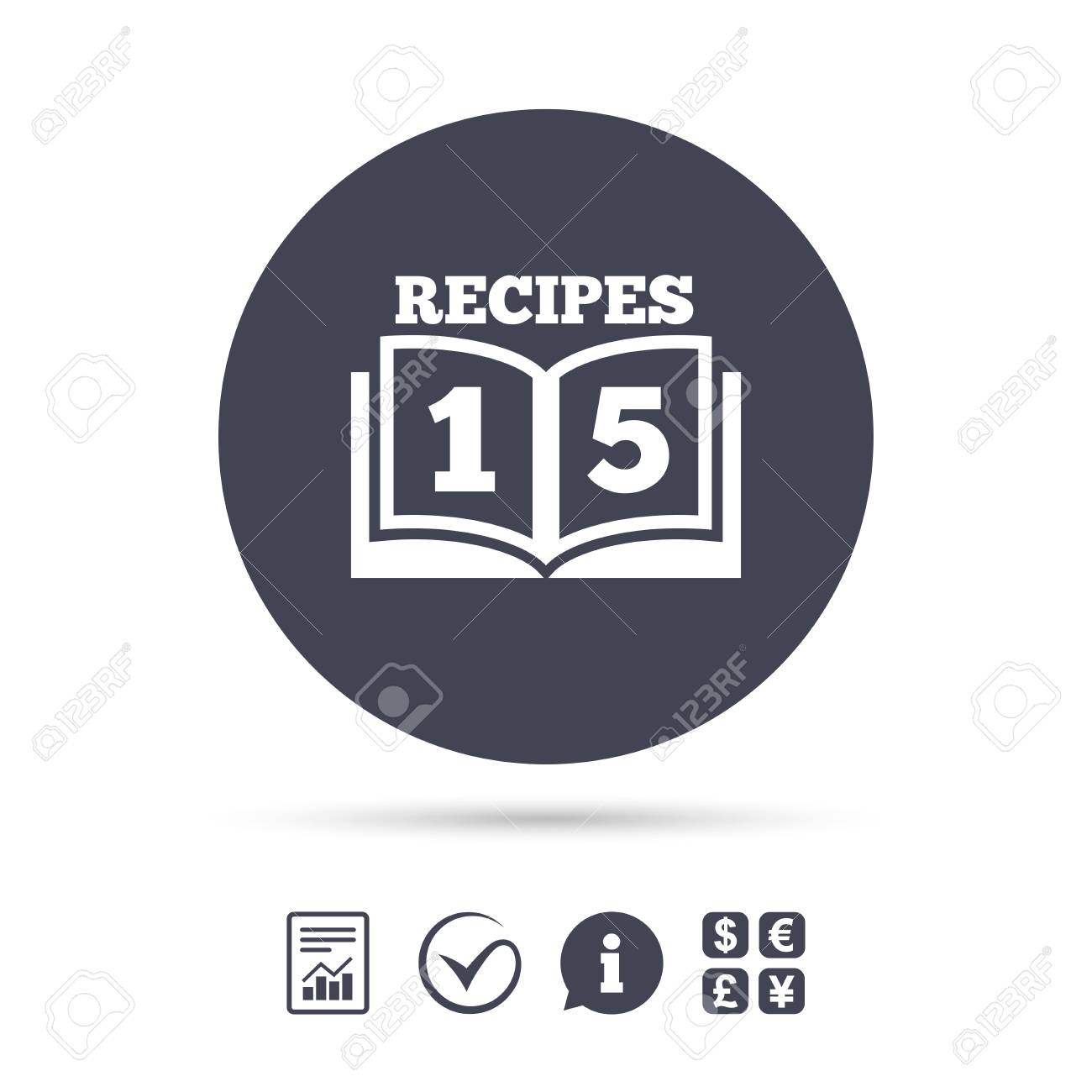 Cookbook sign icon. 15 Recipes book symbol. Report document,..