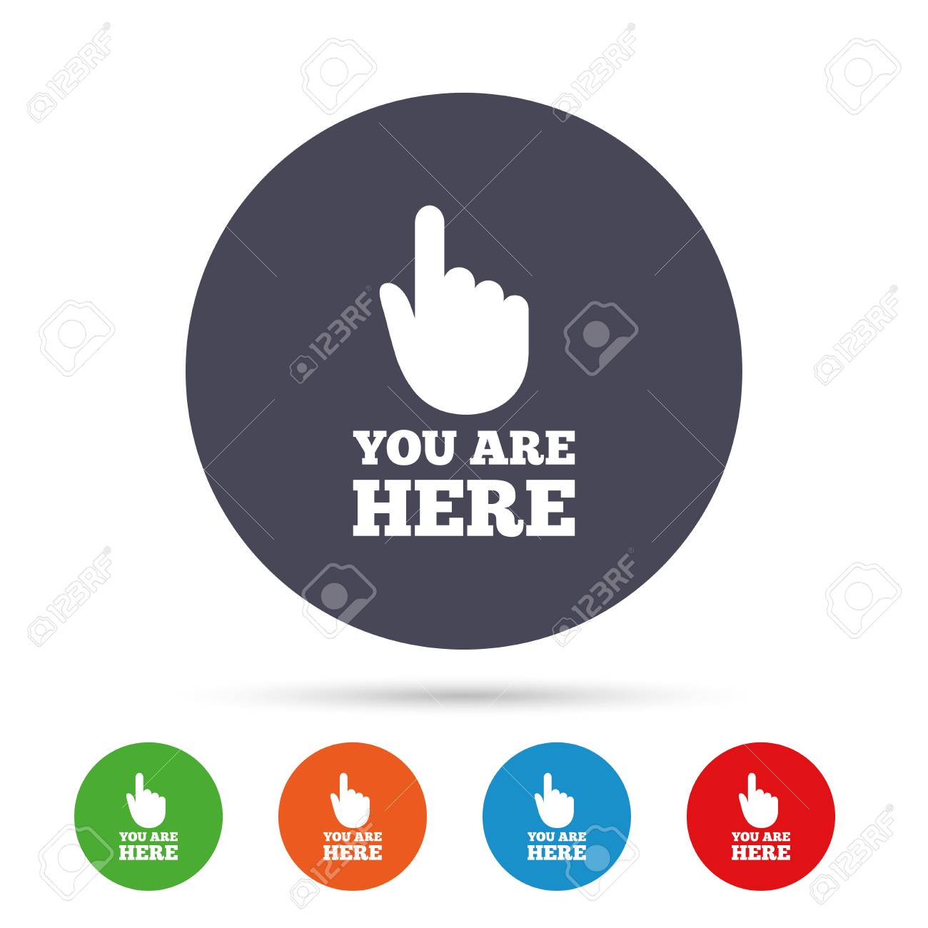 Voce Esta Aqui Icone De Sinal Simbolo De Informacao Com A Mao Ponteiro De Mapa Com A Sua Localizacao Botoes Coloridos Redondos Com Icones Planas Ilustraciones Vectoriales Clip Art Vectorizado Libre De