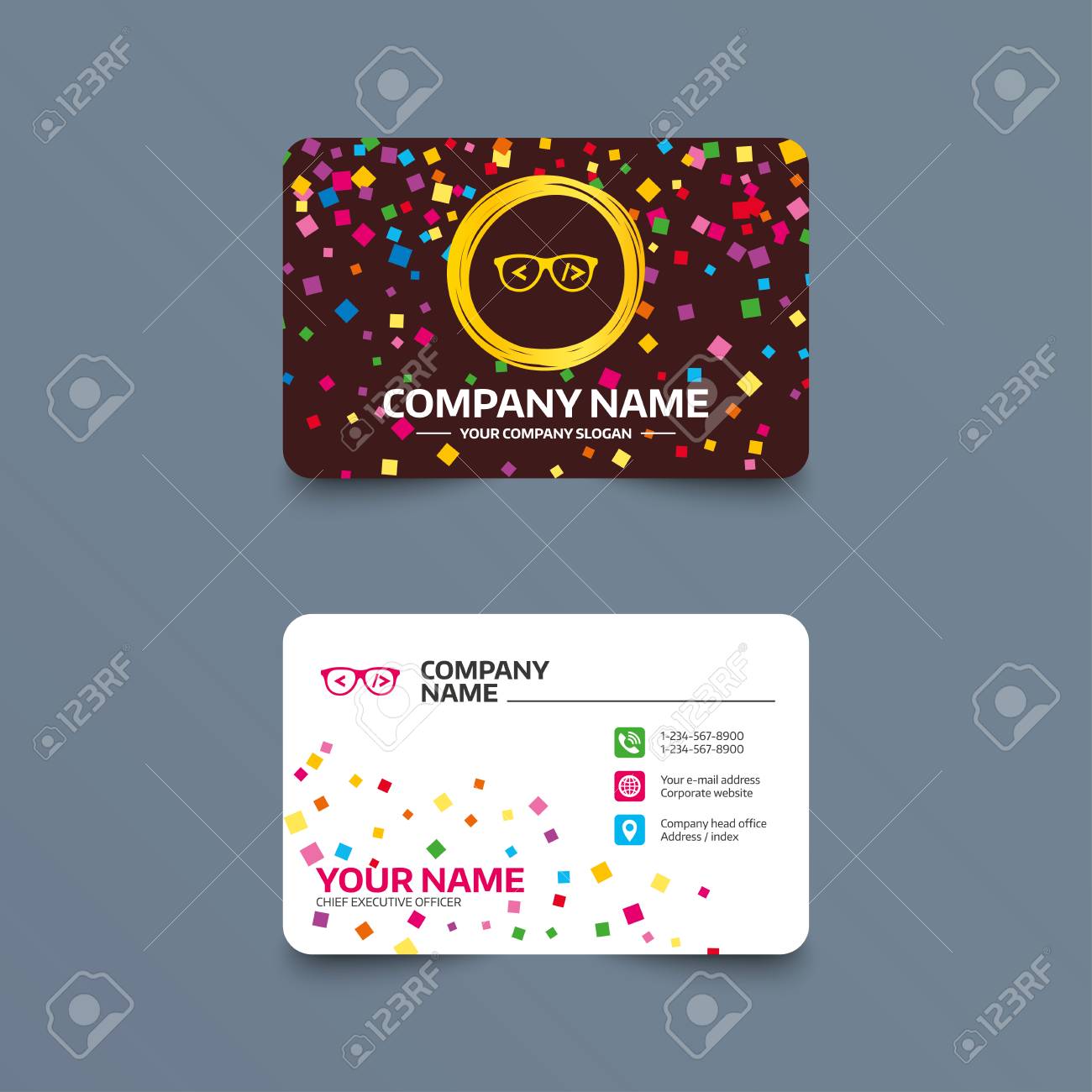 business card template with confetti pieces coder sign icon