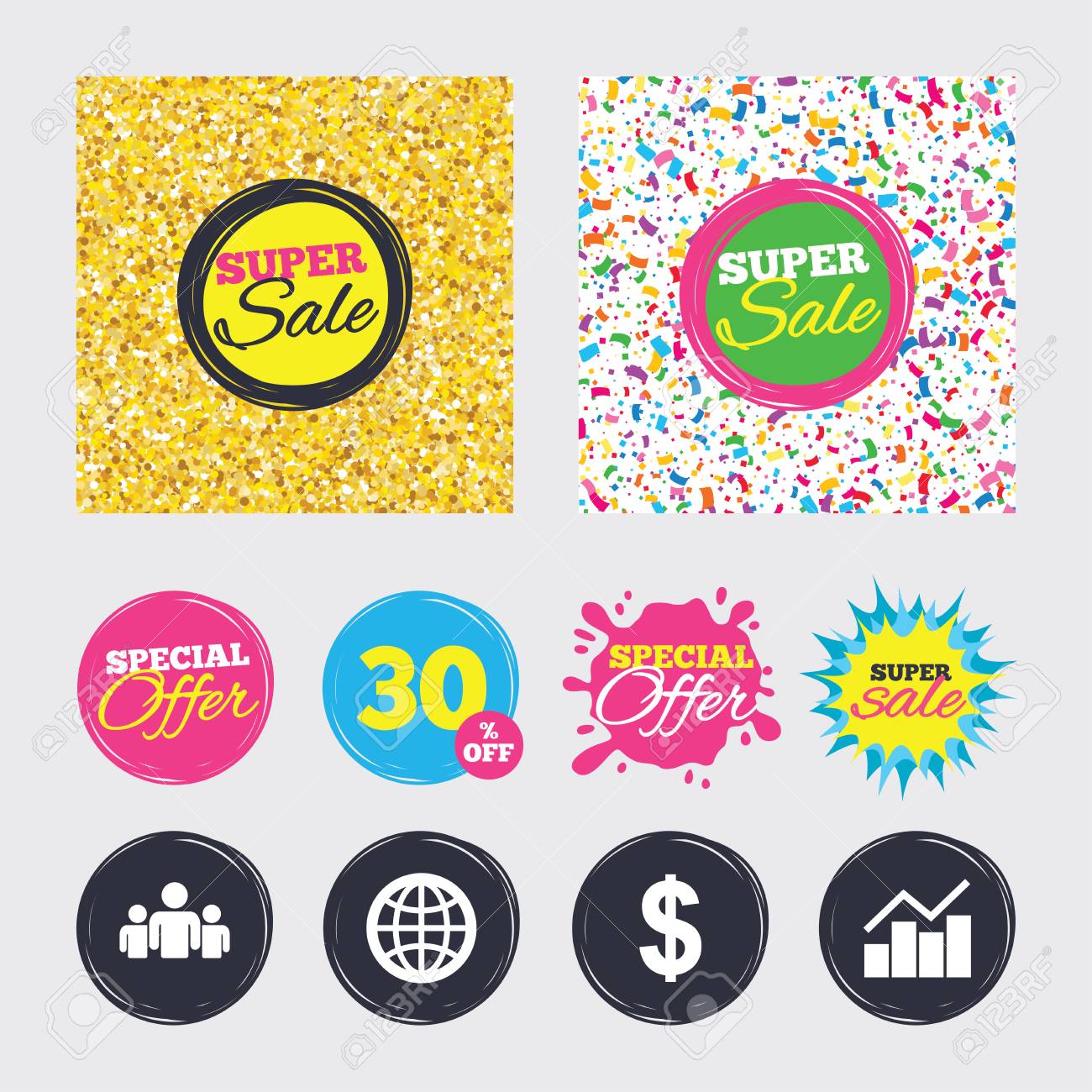 Fundos De Glitter E Confete Ouro Design De Capas Cartazes E Folhetos Icones De Negocios Sinais De Grafico E Globo Do Grafico Moeda Do Dolar E Simbolos Do Grupo De Pessoas Banners