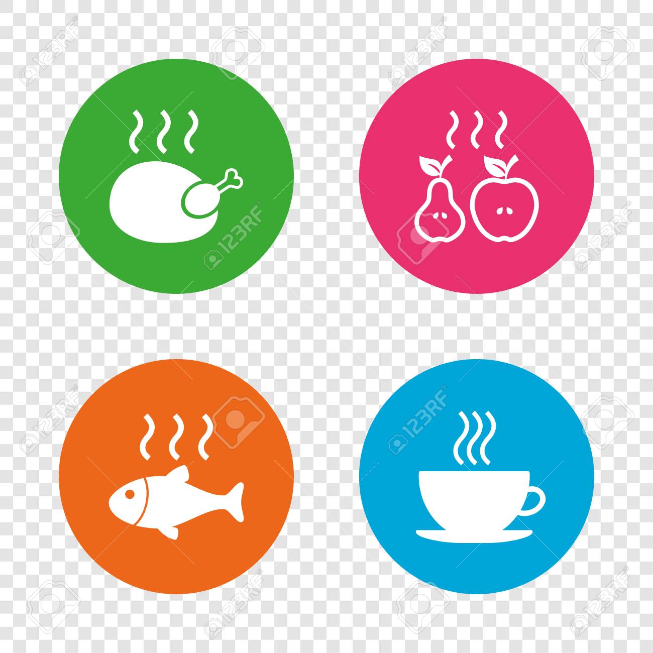 熱い食べ物アイコン グリル鶏と魚のシンボル ホット コーヒーのカップのサイン 調理または リンゴと梨の果物を炒めます 透明の背景上の丸い ボタン ベクトルのイラスト素材 ベクタ Image
