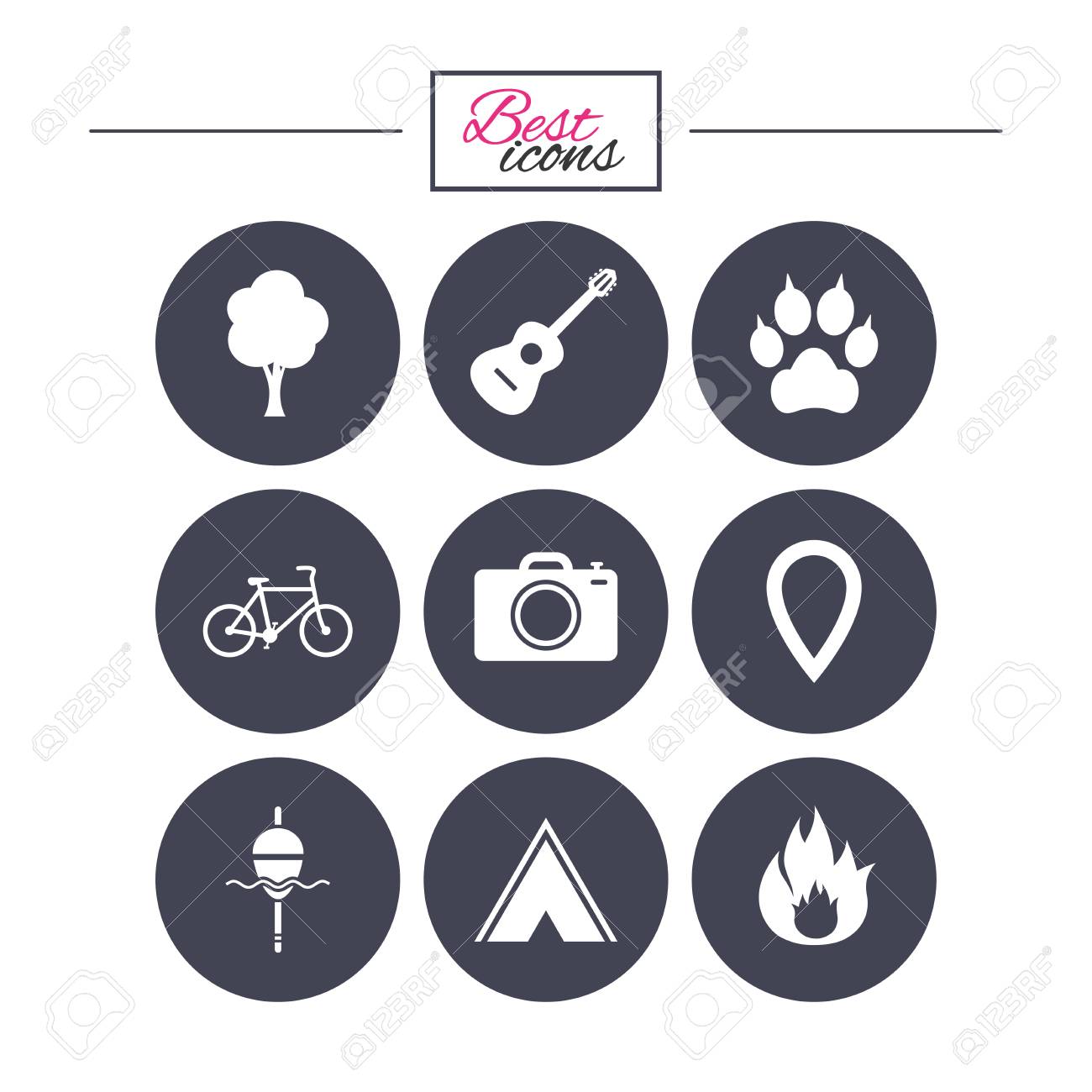 tourism camping icons fishing fire and bike signs guitar bike signs