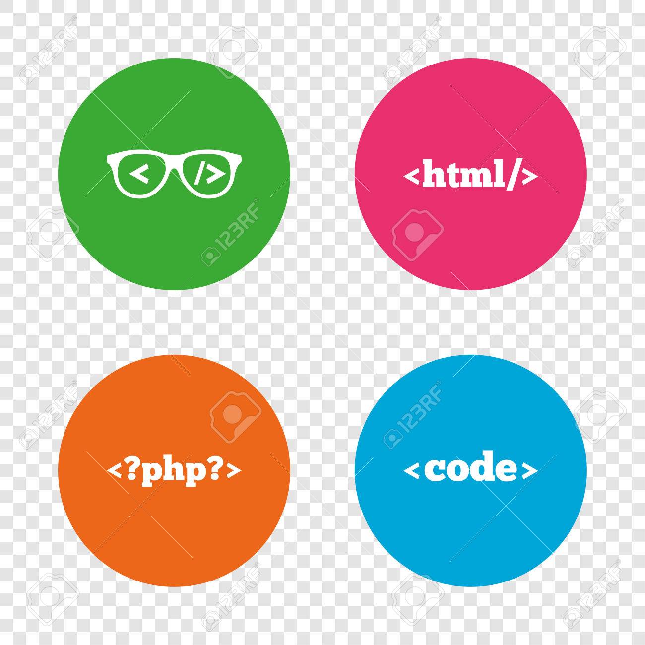 プログラマのコーダーの眼鏡のアイコン Html マークアップ言語 Php のプログラミング言語記号に署名します 透明の背景上の丸いボタン ベクトルのイラスト素材 ベクタ Image
