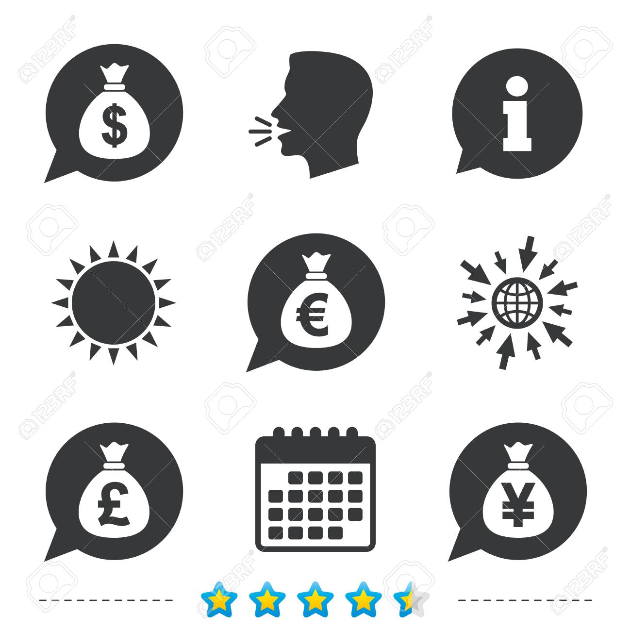お金袋のアイコン ドル ユーロ ポンド 円吹き出し記号 米ドル ユーロ ポンド 円の通貨記号 については Web とカレンダーのアイコンに移動します 太陽し シンボルを大声で話します ベクトルのイラスト素材 ベクタ Image