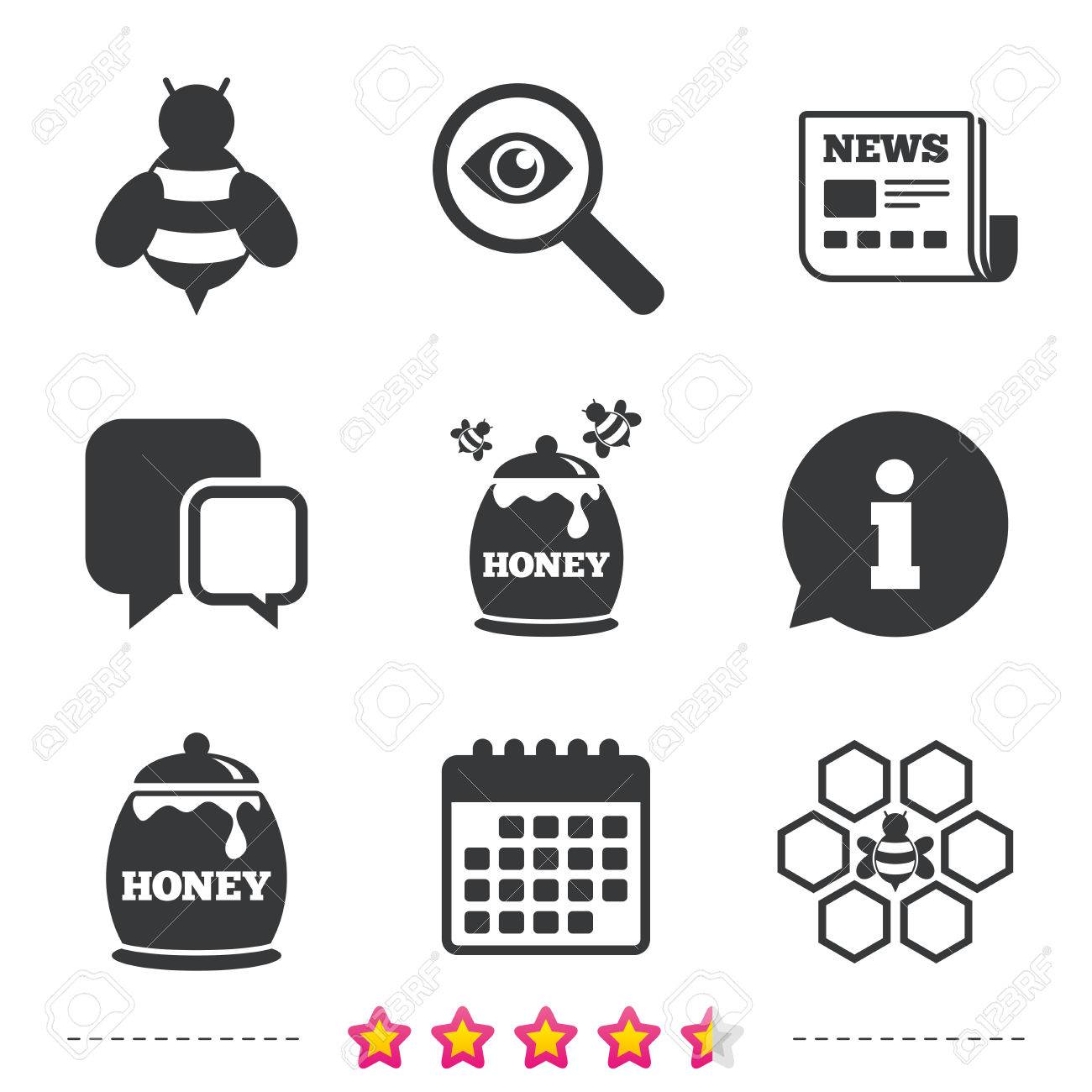 Honey icon. Honeycomb cells with bees symbol. Sweet natural food signs. Newspaper,