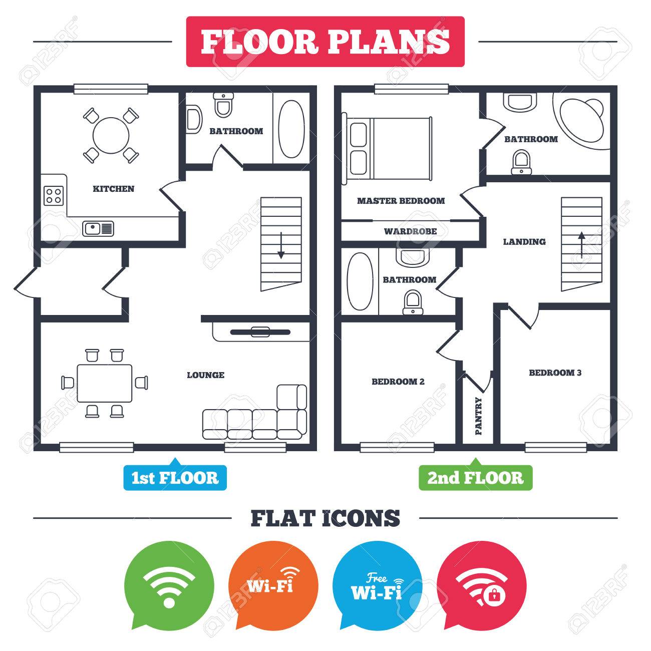 Architekturplan Mit Möbeln. Hausgrundriss. Free Wifi Wireless ... Architekturplan Mit Möbeln. Hausgrundriss. Free Wifi Wireless ...
