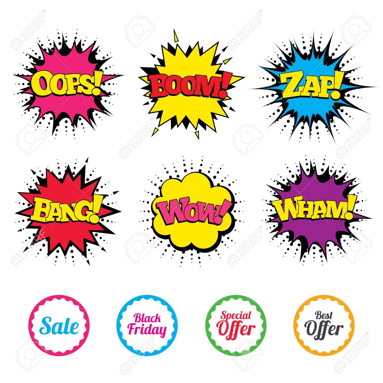 Comic Wow Oops Boom E Wham Efeitos Sonoros Icones De Venda Melhores Simbolos De Oferta Especial Sinal De Sexta Feira Negra Zap Bolhas Do Discurso Na Arte Pop Vetor Ilustraciones Vectoriales Clip Art