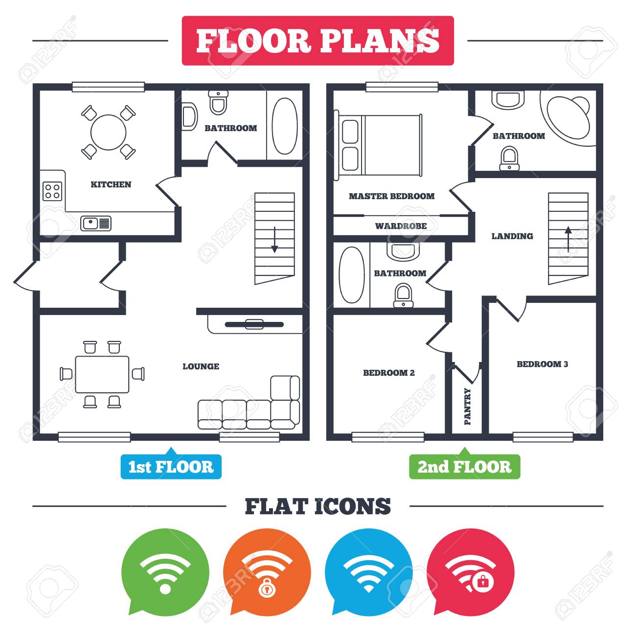 Architecture plan with furniture. House floor plan. Wifi Wireless Network icons. Wi-