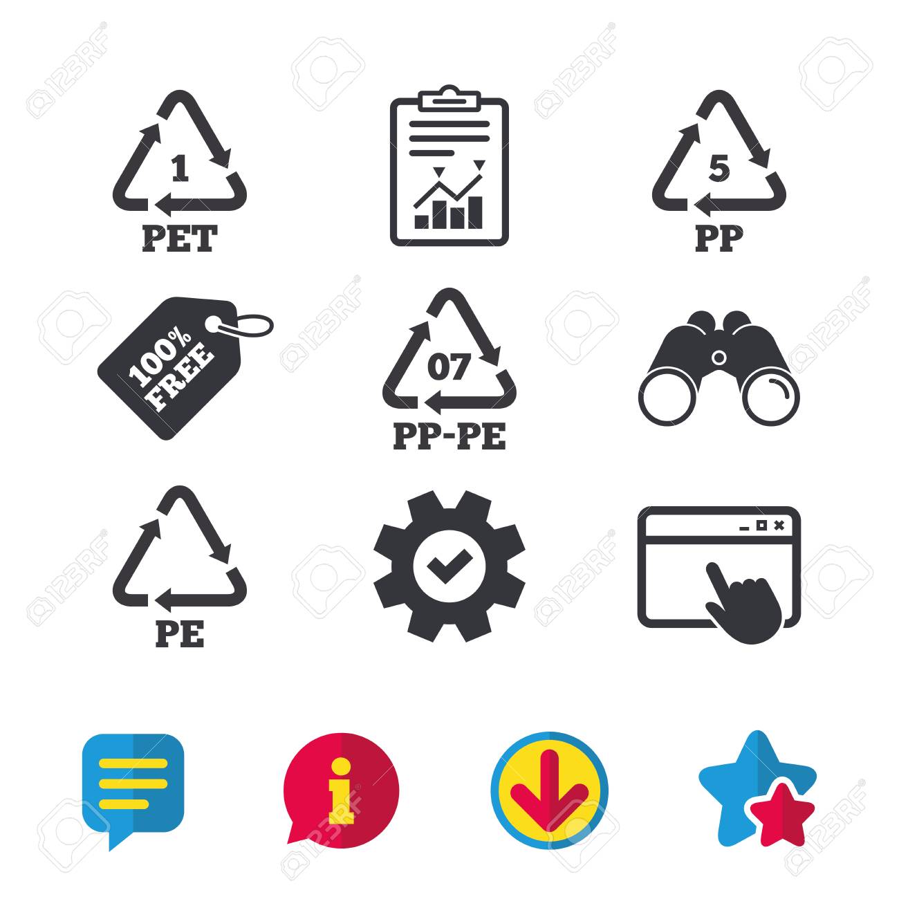 Symbole Fur Pet 1 Pp Pe 07 Pp 5 Und Pe Polyethylenterephthalat Zeichen Mit Hoher Dichte Recycling Symbol Browserfenster Bericht Und Dienstzeichen Fernglaser Informations Und Download Symbole Sterne Und Chat Lizenzfrei Nutzbare Vektorgrafiken