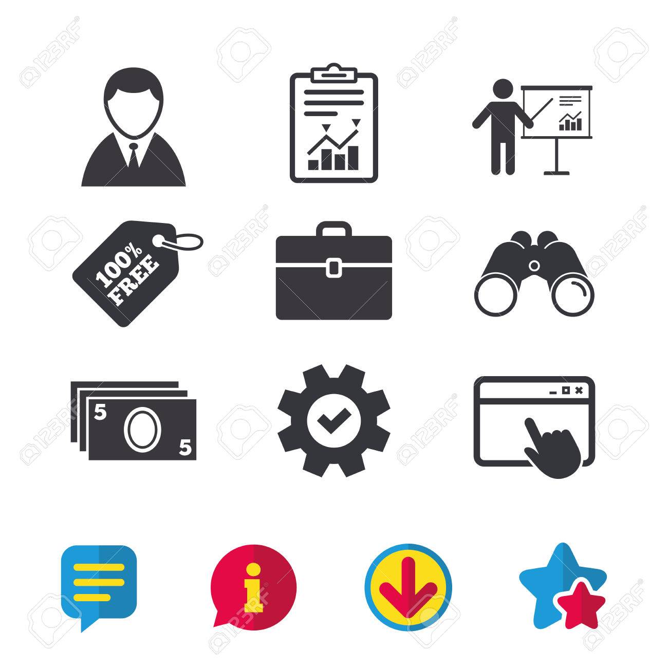 ビジネスマンのアイコン 人間のシルエットと現金お金標識 ケースとチャートの記号をプレゼンテーション ブラウザー ウィンドウ レポートとサービスの兆候 双眼鏡は 情報とダウンロード アイコン 星とチャット のイラスト素材 ベクタ Image