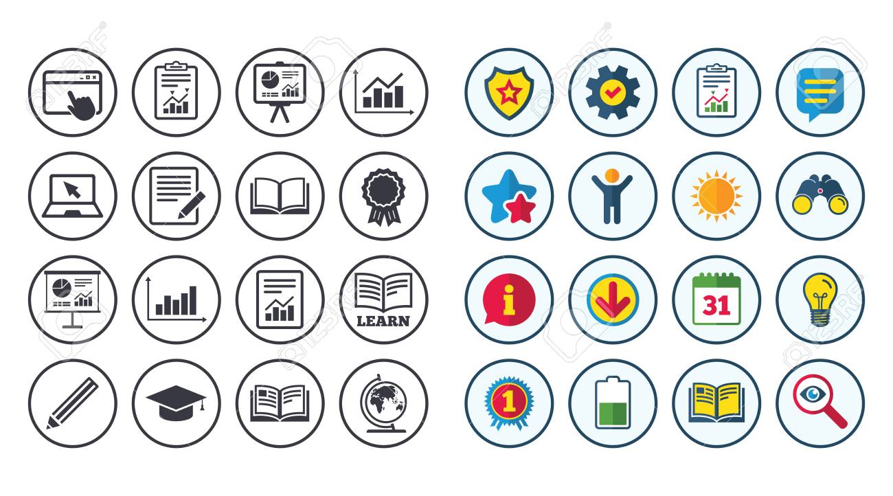 set of statistics education and study icons presentation report