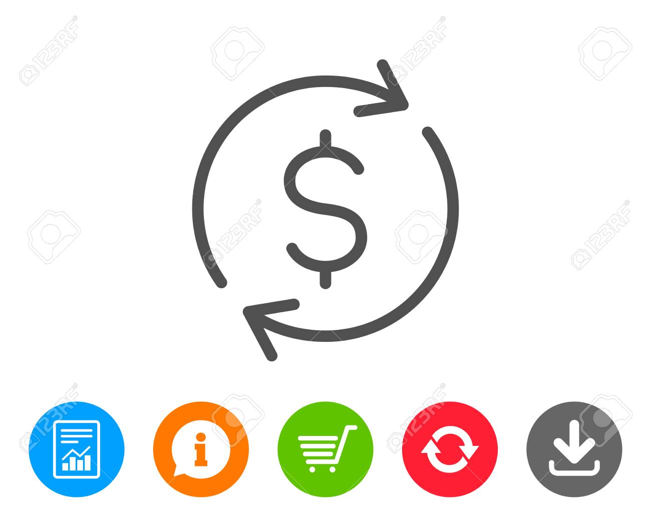 通貨交換線アイコン。お金転送記号。回転矢印シンボルでドル。レポート、情報、更新行の標識。ショッピングカートとアイコンをダウンロードします。編集可能なストローク。ベクトルのイラスト素材・ベクター  Image 84251408