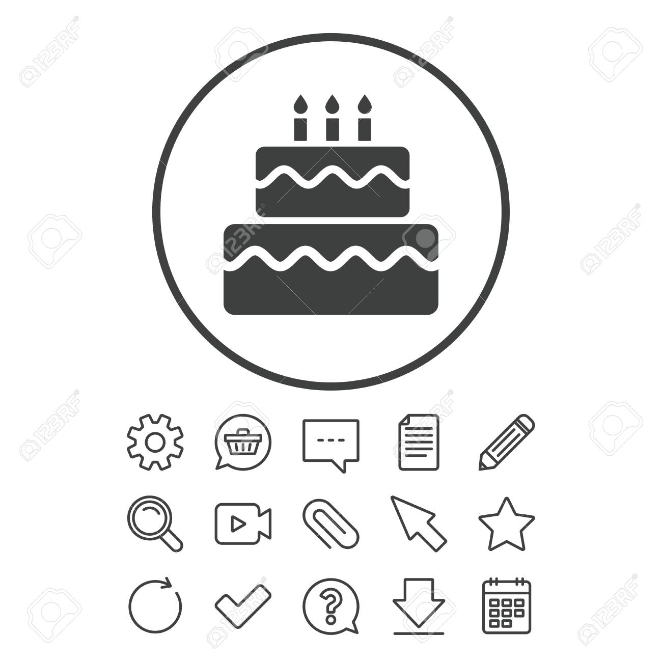 Icone De Signe De Gateau D Anniversaire Gateau Avec Symbole De Bougies Allumees Signes De Ligne Document Chat Et Trombone Icones De Ligne De Question De Crayon Et De Calendrier Star Telechargement Et