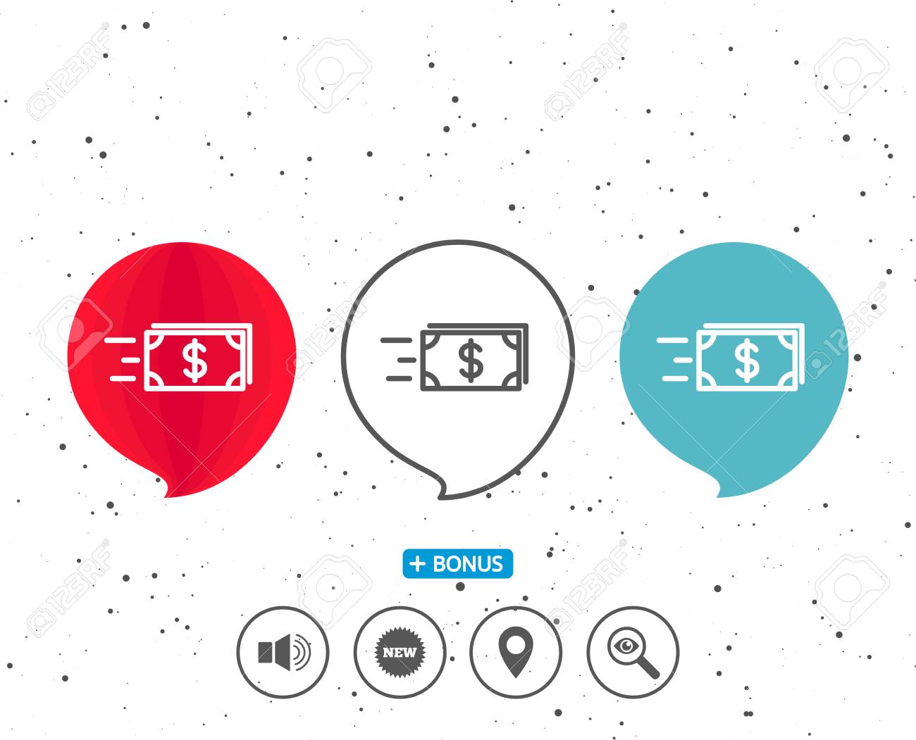 吹き出し記号を用いる。現金お金の線アイコンを転送します。銀行の通貨記号。ドルまたはドル記号です。別の古典的な兆候とボーナス。ランダムな円の背景。ベクトルのイラスト素材・ベクター  Image 87885594
