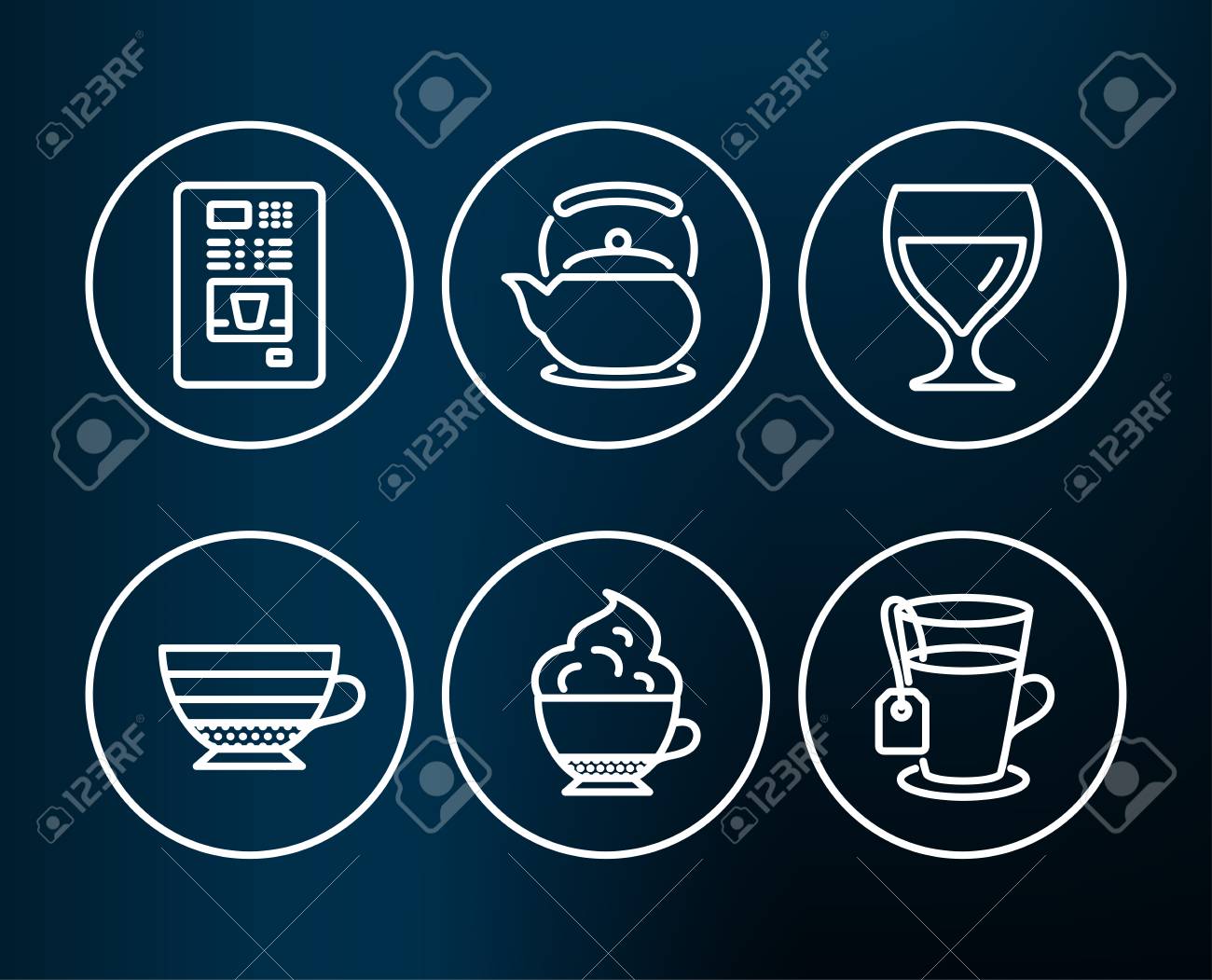 カプチーノクリーム コーヒーの自動販売機 カプチーノのアイコンのセット ティーポット ワイングラス ティーサイン ホイップクリーム ティーケトル カベルネワイングラスのコーヒー ガラスのマグカップ 編集可能なストローク ベクトルのイラスト素材 ベクタ