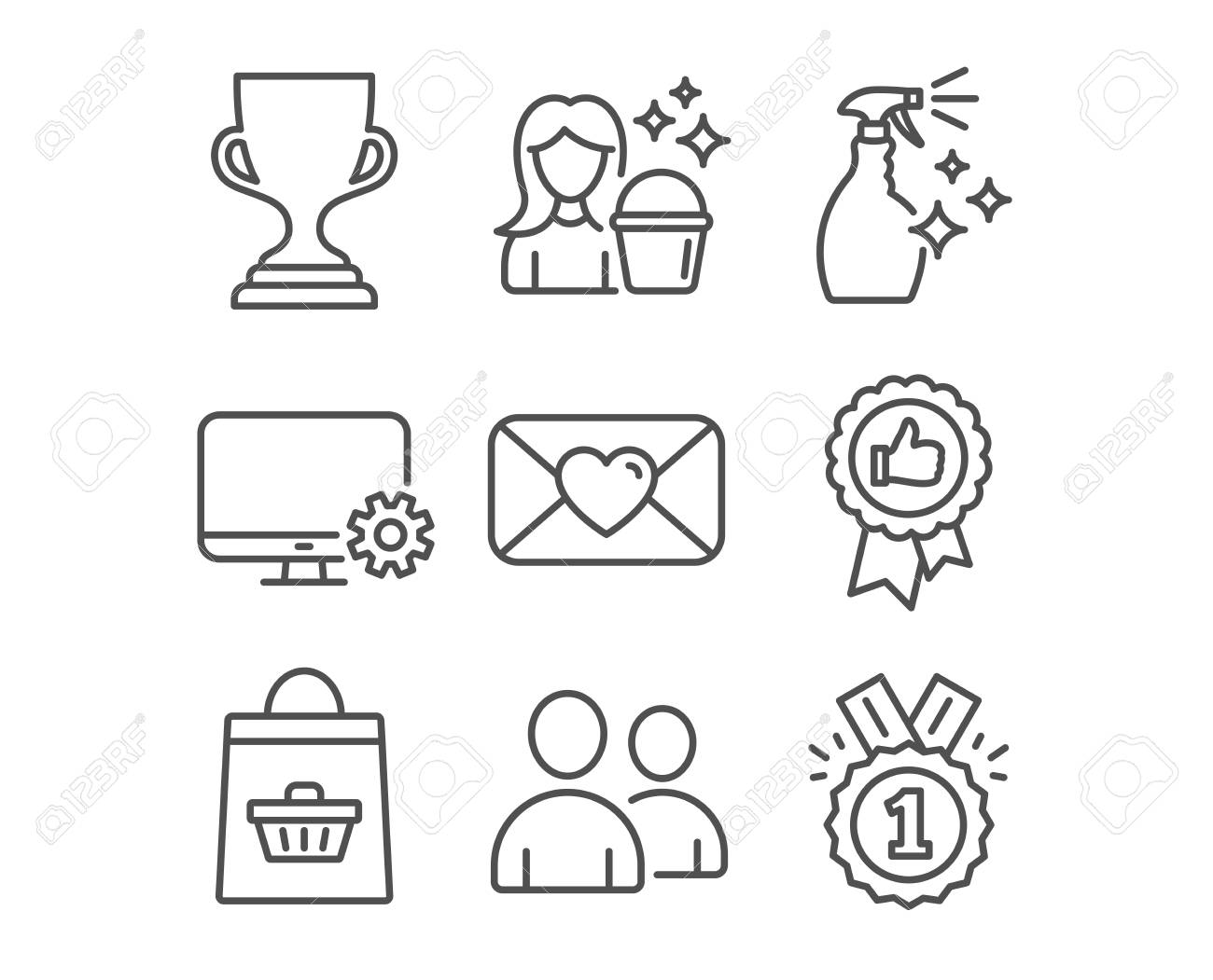 긍정적 인 피드백, 청소 및 수상 컵 아이콘의 집합입니다. 사용자, 모니터 설정 및 발렌타인 표시. 세척 세제, 온라인 구매 및 승인  된 기호. 수상 메달, 가정부 서비스, 트로피. 벡터 일러스트입니다. 로열티 무료