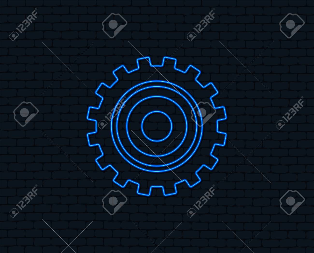 Neon Light Cog Settings Sign Icon Cogwheel Gear Mechanism Symbol Glowing Graphic Design Brick Wall Vector Royalty Free Cliparts Vectors And Stock Illustration Image