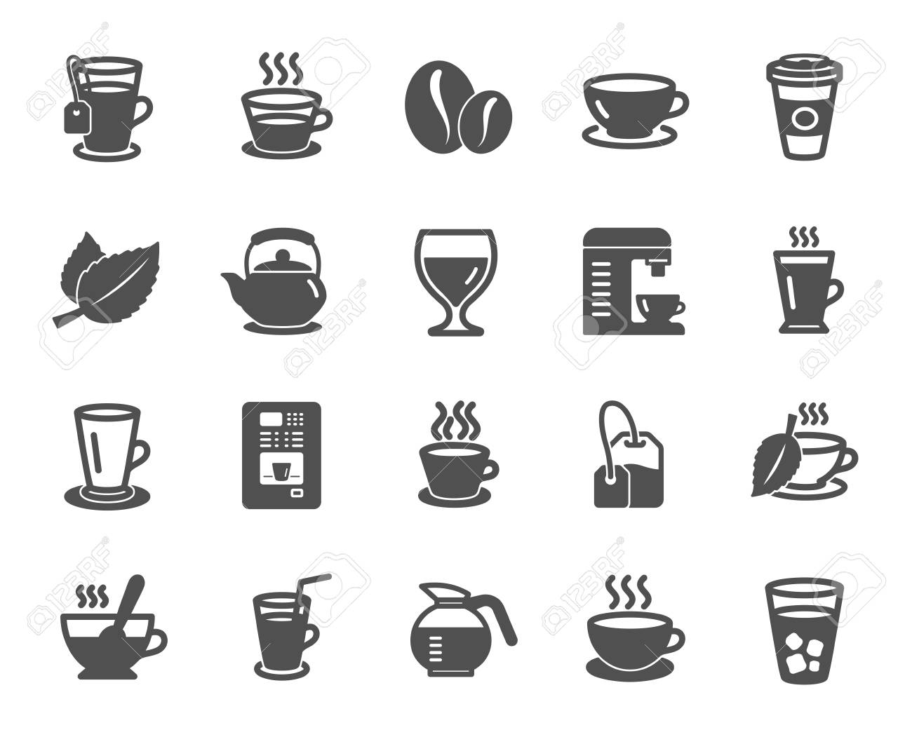 Coffee and Tea icons. Set of Cappuccino, Juice with ice and Latte signs. Teapot, Coffeepot and Hot drink with Steam icons. Mint leaf, Herbal beverage and Coffee vending symbols. Quality design element - 111103972 Coffee and Tea icons. Set of Cappuccino, Juice with ice and Latte signs. Teapot, Coffeepot and Hot drink with Steam icons. Mint leaf, Herbal beverage and Coffee vending symbols. Quality design element - 111103972
