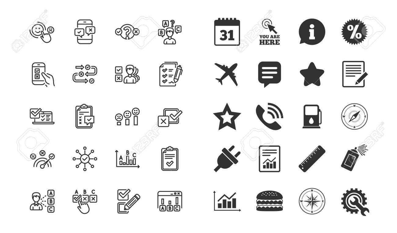 설문 조사 또는 보고서 라인 아이콘. 의견, 고객 만족도 및 테스트 선형 아이콘 집합입니다. 체크리스트 검토, 퀴즈 및 비즈니스 보고서  기호. 평가, 피드백 차트 및 관리. 벡터 로열티 무료 사진, 그림, 이미지