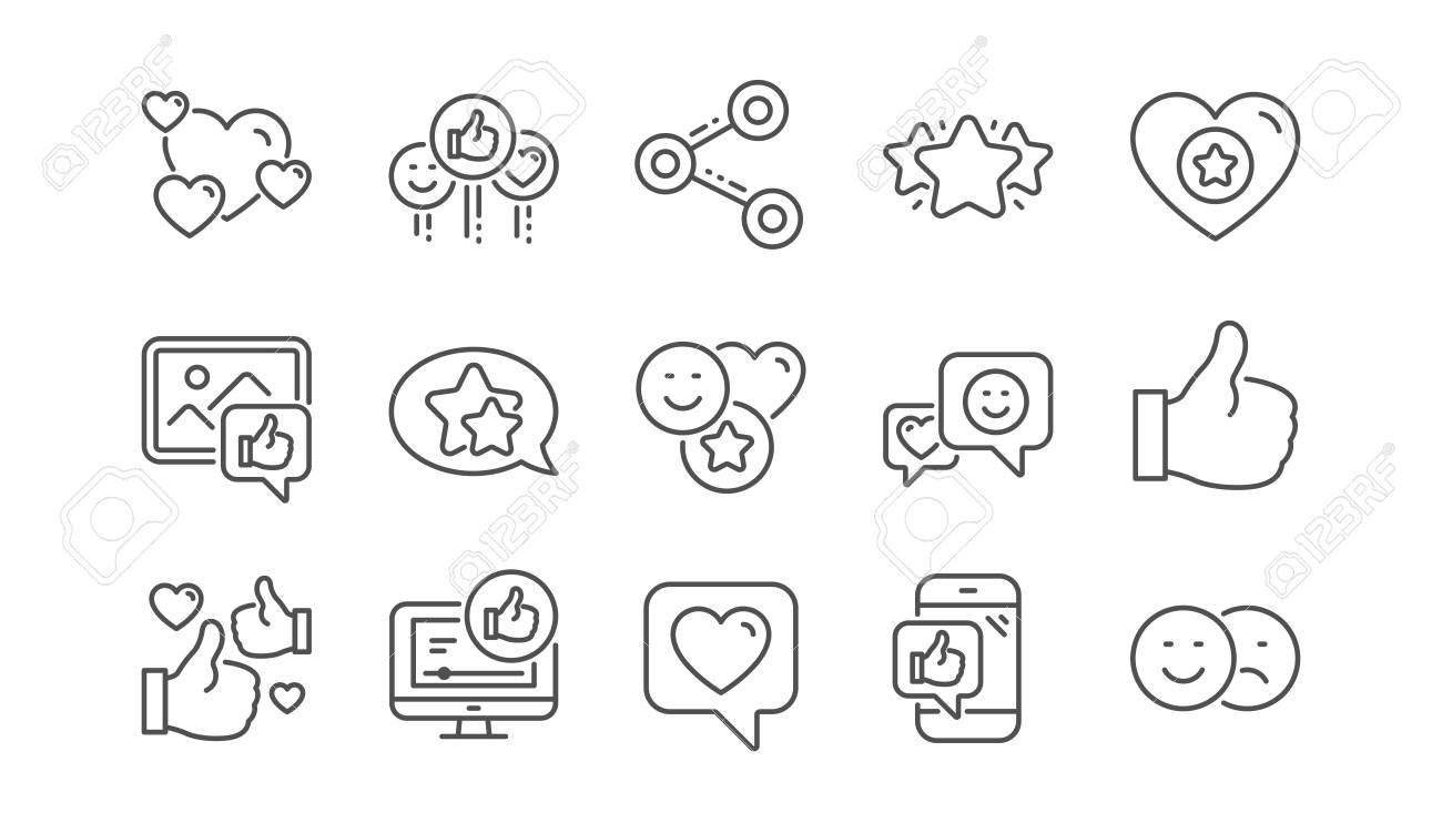 Social media line icons. Share network, Like thumbs up and Rating. Feedback smile linear icon set. Vector - 117966316 Social media line icons. Share network, Like thumbs up and Rating. Feedback smile linear icon set. Vector - 117966316