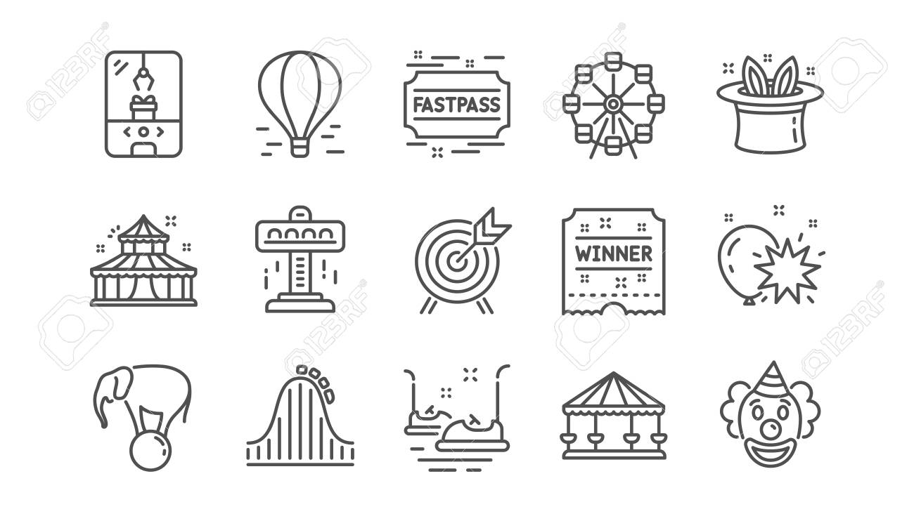 Amusement park line icons. Carousel, Roller coaster and Circus. Ferris wheel linear icon set. Vector - 118017748 Amusement park line icons. Carousel, Roller coaster and Circus. Ferris wheel linear icon set. Vector - 118017748