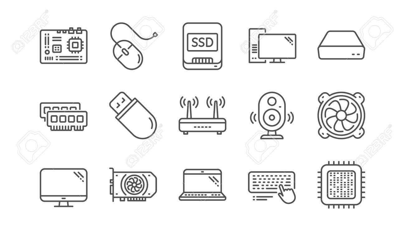 Computer device line icons. Motherboard, CPU and Laptop. SSD memory linear icon set. Vector - 118084973 Computer device line icons. Motherboard, CPU and Laptop. SSD memory linear icon set. Vector - 118084973