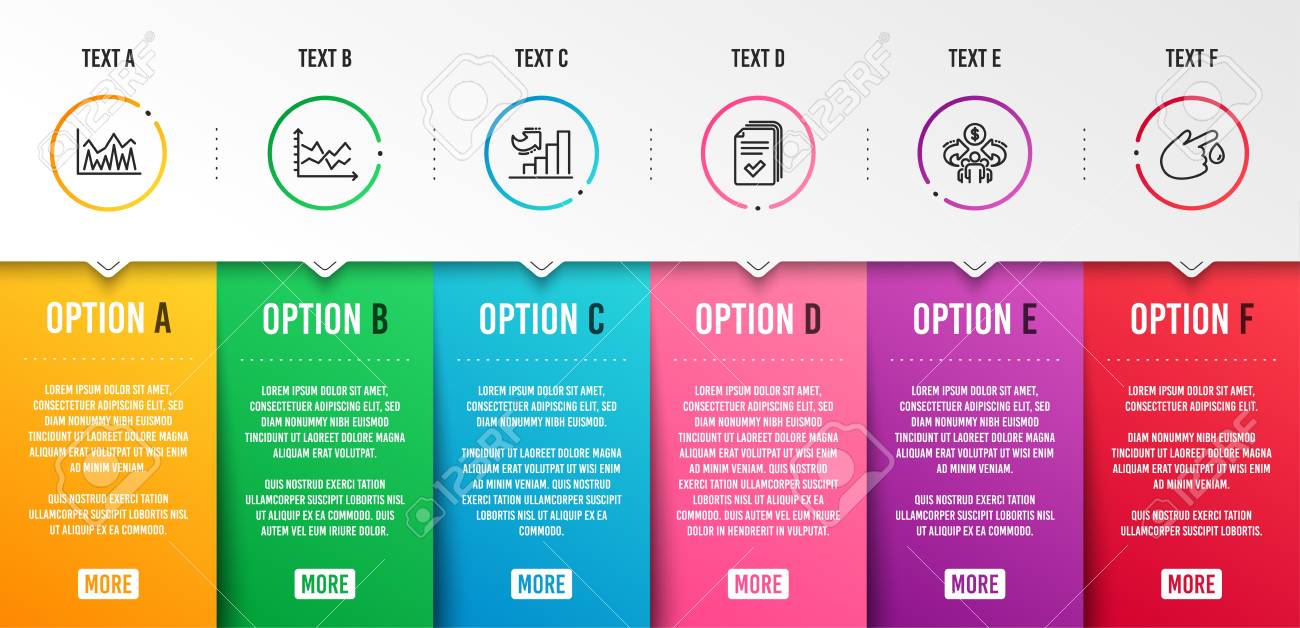 다이어그램 차트, 성장 차트 및 공유 경제 아이콘은 간단한 세트입니다. 투자, 유인물 및 헌혈 표지판. 프레젠테이션 그래프, 다이어그램  그래프. 과학 세트입니다. 인포 그래픽 템플릿입니다. 6단계 타임라인 로열티 무료 사진, 그림, 이미지 그리고
