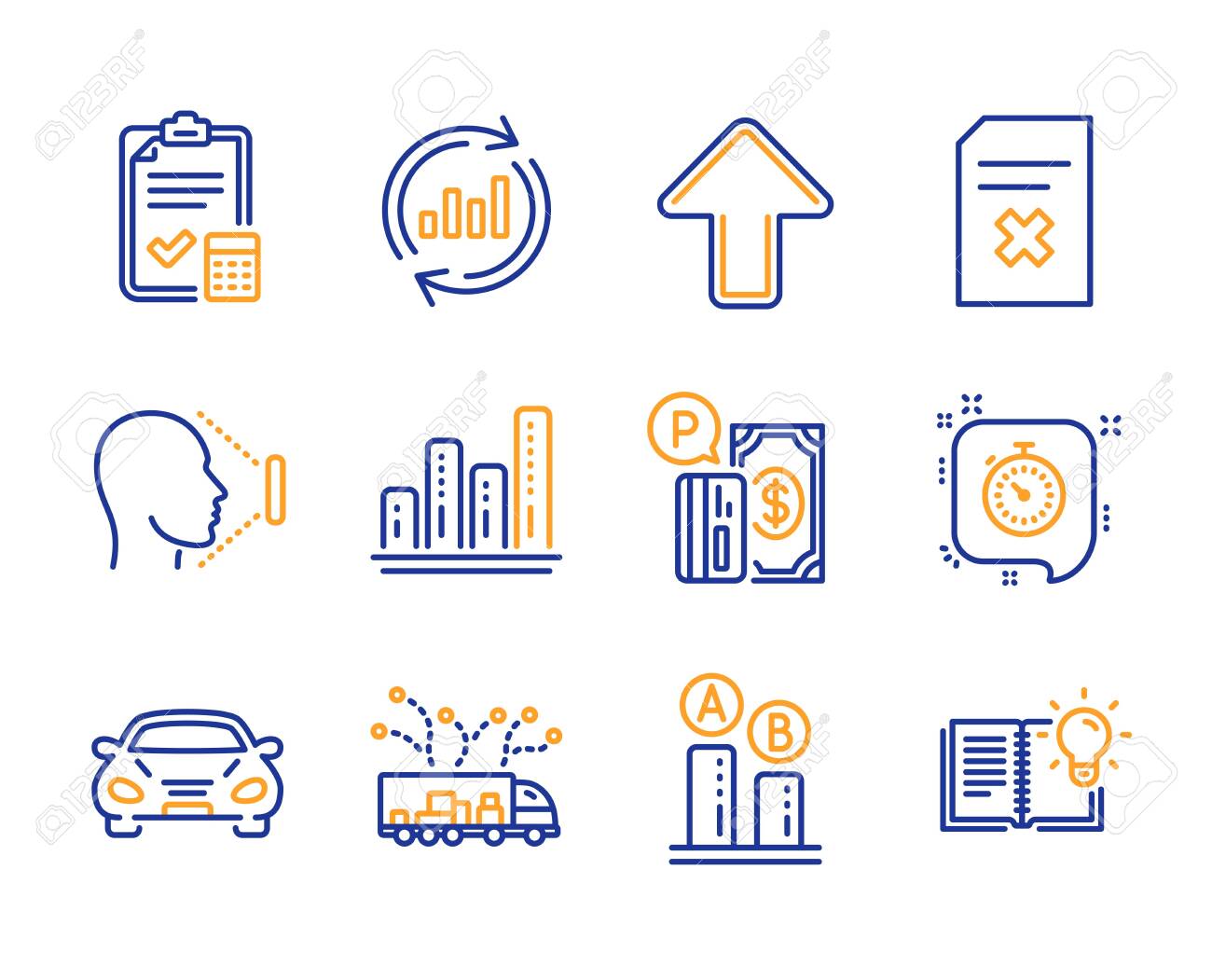 그래프 차트, 트럭 배달 및 타이머 아이콘 간단한 세트입니다. 데이터 업데이트, 파일 삭제 및 회계 체크리스트 표지판. 자동차, 주차  지불 및 얼굴 ID 기호. 선 그래프 차트 아이콘입니다. 다채로운 세트입니다. 벡터 로열티