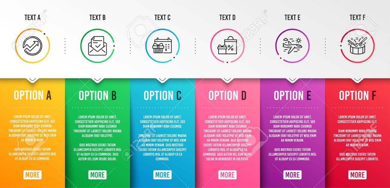 크리스마스 달력, 비행기 여행 및 쇼핑 아이콘은 간단한 세트입니다. 승인된 메일, 감사 및 드럼 표지판. 선물의 날, 여행 항공편.  인포 그래픽 템플릿입니다. 6단계 타임라인. 비즈니스 옵션. 벡터 로열티 무료 사진, 그림, 이미지