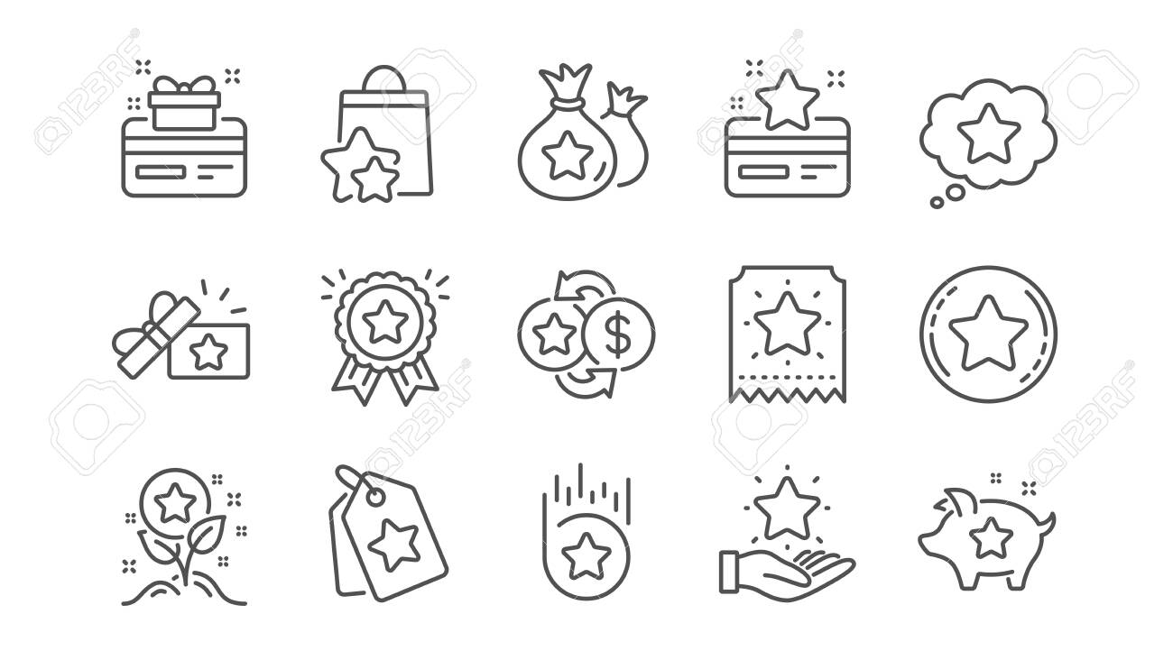 로열티 프로그램 라인 아이콘입니다. 보너스 카드, 선물 및 할인 쿠폰 표지판을 사용하십시오. 복권, 보상 획득 및 승자 선물 아이콘.  선형 집합입니다. 벡터 로열티 무료 사진, 그림, 이미지 그리고 스톡포토그래피. Image 126994385