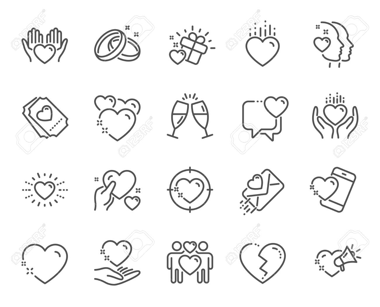 Love line icons. Gift box, Broken heart and Romantic letter. Wedding rings, glasses with champagne, love heart icons. Happy couple, heart holding, romantic loudspeaker. Quality design element. Vector - 127211156 Love line icons. Gift box, Broken heart and Romantic letter. Wedding rings, glasses with champagne, love heart icons. Happy couple, heart holding, romantic loudspeaker. Quality design element. Vector - 127211156