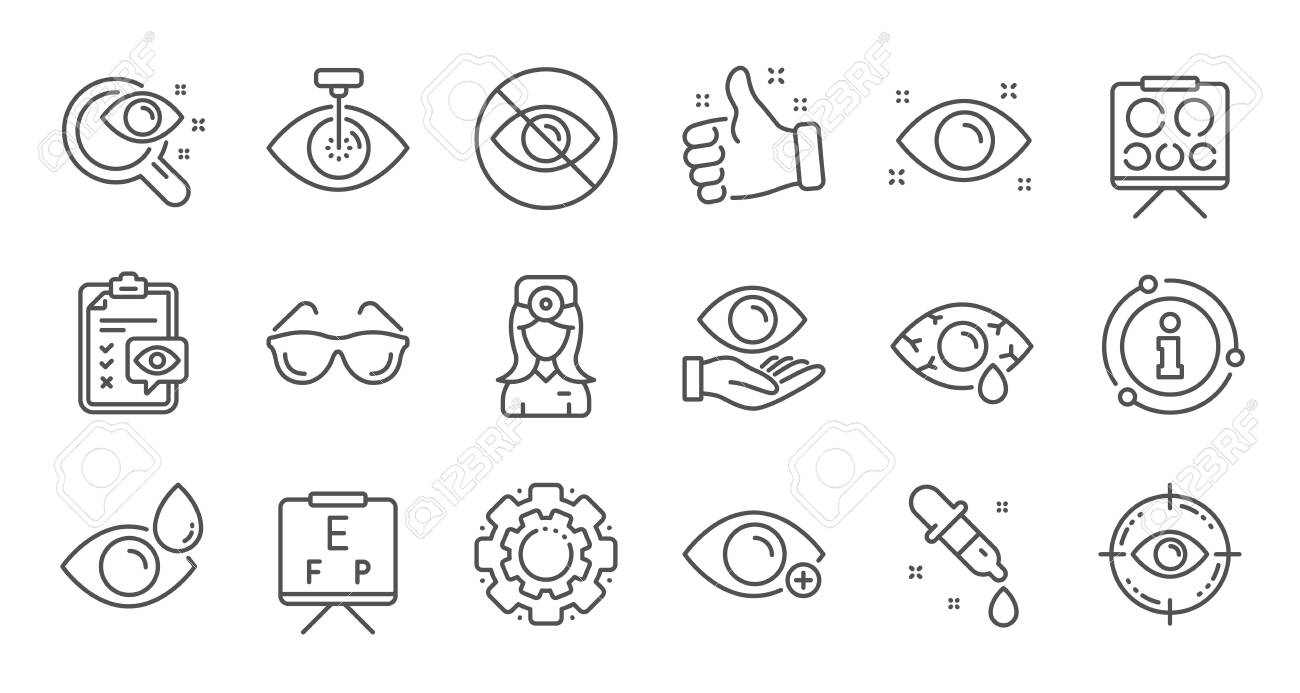검안, 안과 의사 라인 아이콘입니다. 의료 레이저 수술, 안경 및 스포이드. 분홍색 눈, 백내장 수술 및 알레르기 아이콘. 안경점  보드, 안과 의사 차트. 선형 집합입니다. 품질 라인 세트입니다. 벡터 로열티 무료 사진,