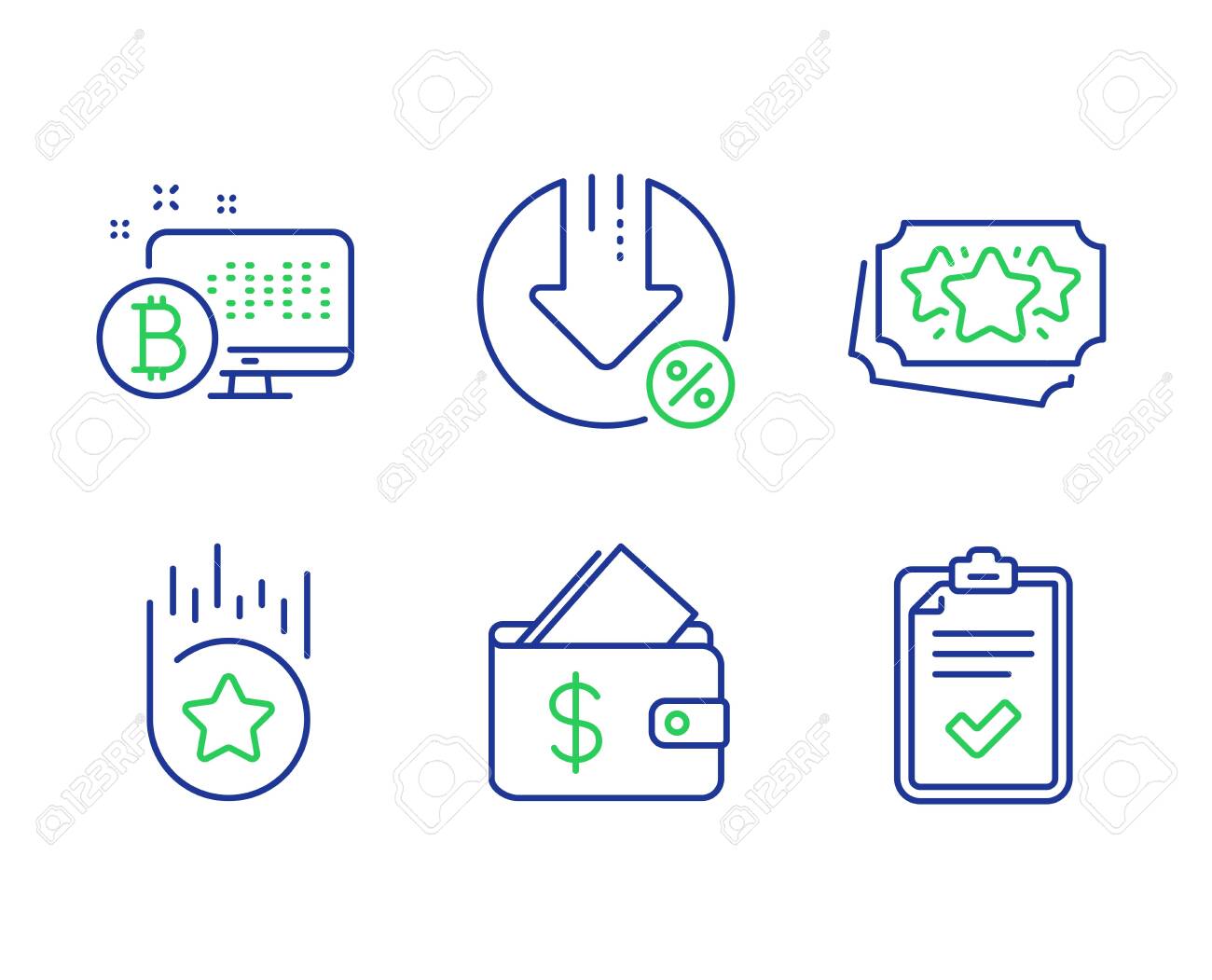 Wallet, Loan Percent And Loyalty Points Line Icons Set. Bitcoin System,  Loyalty Star And Checklist Signs. Affordability, Decrease Rate, Bonus  Coupon. Cryptocurrency Monitor. Finance Set. Vector Royalty Free SVG,  Cliparts, Vectors, and