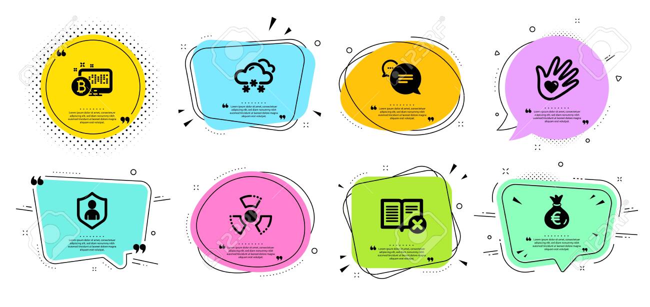 Text message, Snow weather and Reject book line icons set. Chat bubbles with quotes. Social responsibility, Security and Bitcoin system signs. Money bag, Chemical hazard symbols. Vector - 134439745 Text message, Snow weather and Reject book line icons set. Chat bubbles with quotes. Social responsibility, Security and Bitcoin system signs. Money bag, Chemical hazard symbols. Vector - 134439745