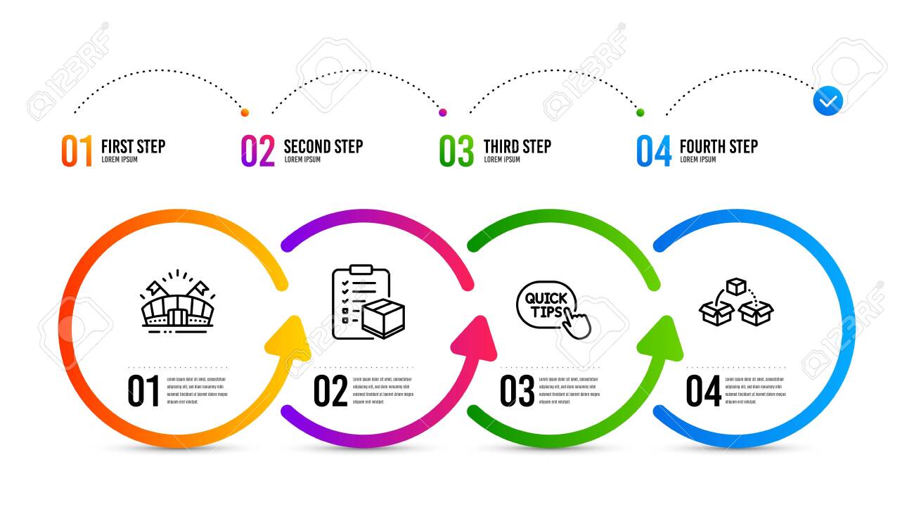 소포 배송 표지판. 인포그래픽 타임라인. 소포 체크리스트, 빠른 팁 및 스포츠 경기장 라인 아이콘 세트. 물류 점검, 유용한 트릭,  이벤트 경기장. 상자를 보내십시오. 비즈니스 세트. 벡터 로열티 무료 사진, 그림, 이미지 그리고