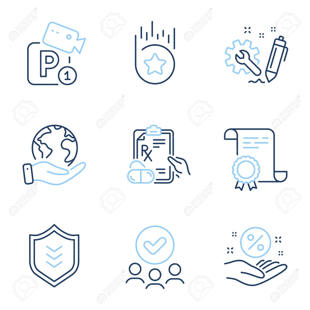 엔지니어링, 처방약 및 대출 퍼센트 라인 아이콘을 설정합니다. 디플로마 증명서, 행성, 사람들의 그룹을 구하십시오. 주차 보안, 방패  및 충성도 별표. 벡터 로열티 무료 사진, 그림, 이미지 그리고 스톡포토그래피. Image 147418586