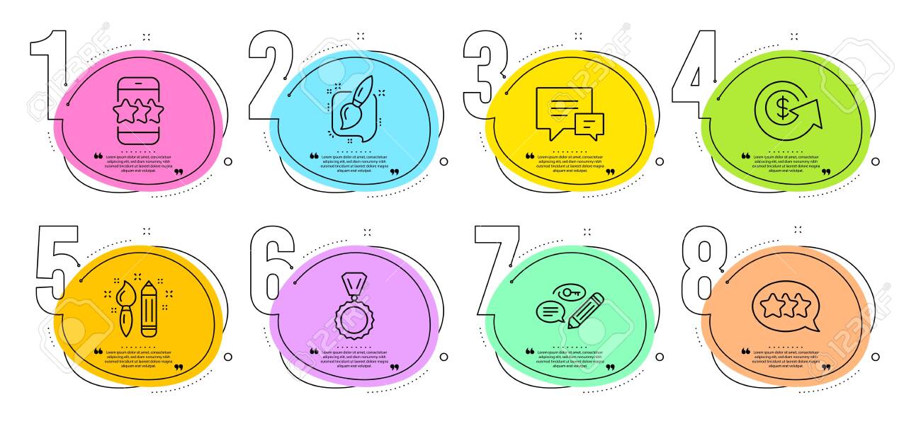 페인팅 브러시 창의성과 메달 표시 타임라인 단계는 인포그래픽 코멘트 달러 교환 및 키워드 라인 아이콘 세트 별 별 기호 이야기 거품 돈  환불 비즈니스 세트 벡터를 설정합니다. 로열티 무료 사진, 그림, 이미지