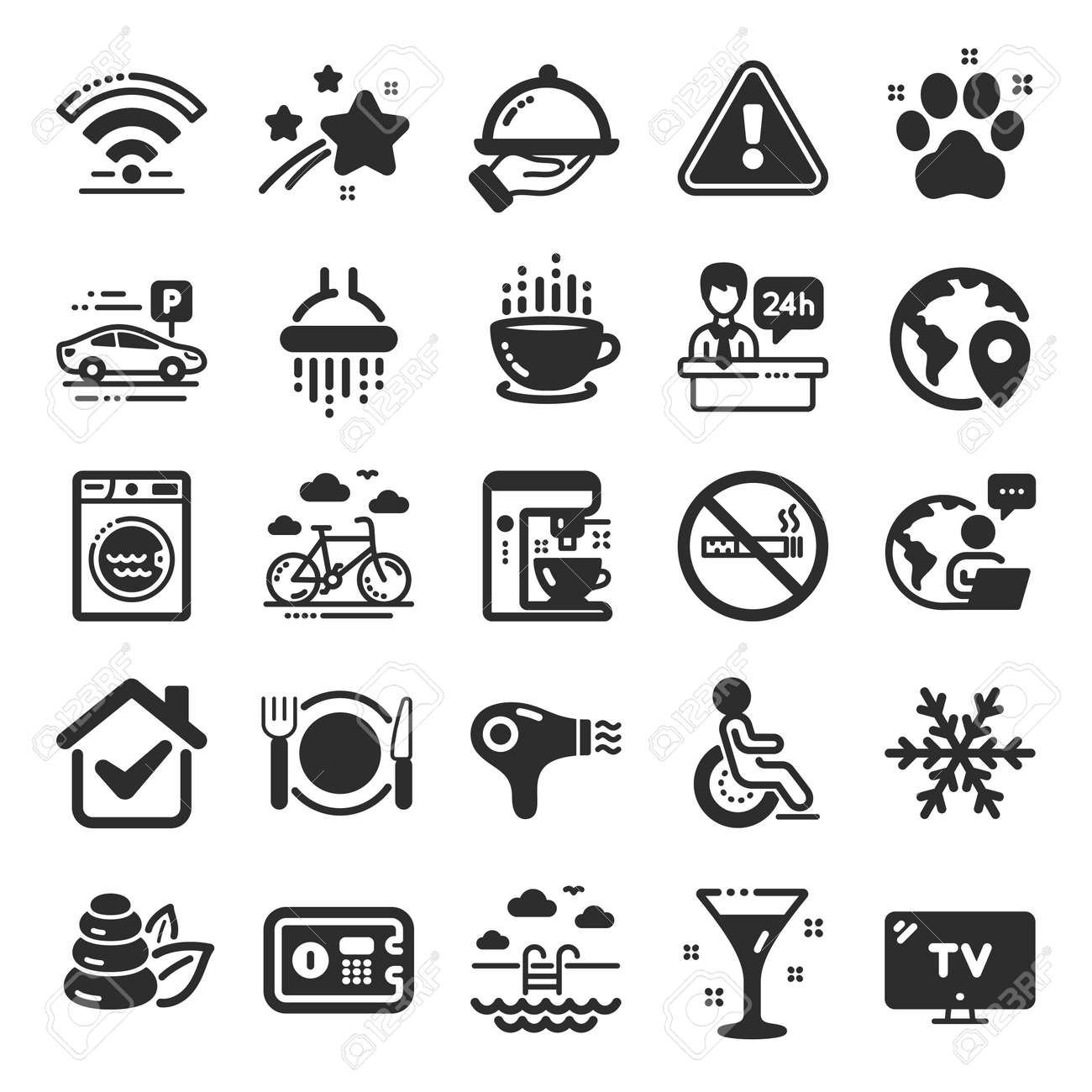 Hotel service icons. WiFi, Air conditioning and Coffee maker machine. Spa stones, swimming pool and bike rental icons. Hotel parking, safe and shower. Food, coffee cup. Flat icon set. Vector - 159838533 Hotel service icons. WiFi, Air conditioning and Coffee maker machine. Spa stones, swimming pool and bike rental icons. Hotel parking, safe and shower. Food, coffee cup. Flat icon set. Vector - 159838533
