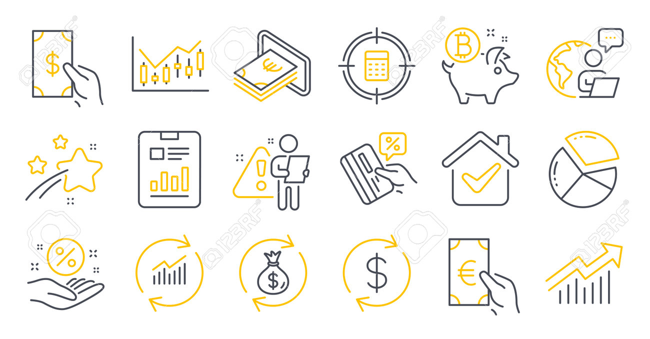 돈, 원화 교환, 보고서 문서 기호와 같은 금융 아이콘 집합입니다. 현금, 재무 다이어그램, 업데이트 데이터 표시. 환전, 금융, 파이  차트. 비트코인 코인 라인 아이콘입니다. 벡터 로열티 무료 사진, 그림, 이미지 그리고 스톡포토그래피.