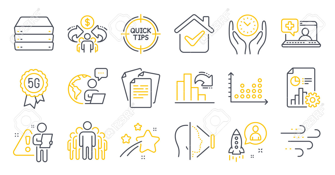 안전한 시간, 그래프 감소, 문서 기호와 같은 과학 아이콘 집합입니다. 의료 지원, 도트 플롯, 그룹 기호. 공유 경제, 얼굴 ID,  팁. 시작, 바람 부는 날씨, 5g 기술. 벡터 로열티 무료 사진, 그림,